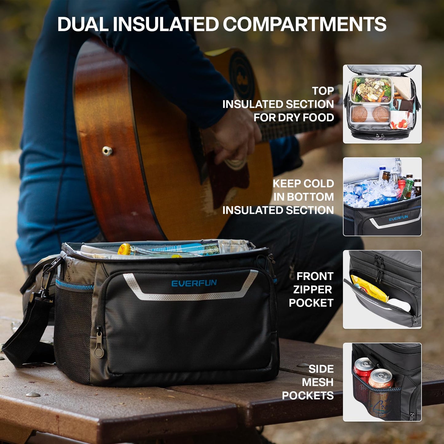 EVERFUN Small Cooler Bag 24 Can Insulated Lunch Box Double Deck Soft Leak-Proof Waterproof Collapsible Ice Chest for Men Women Work Travel Car Trip Picnic Beach, Black