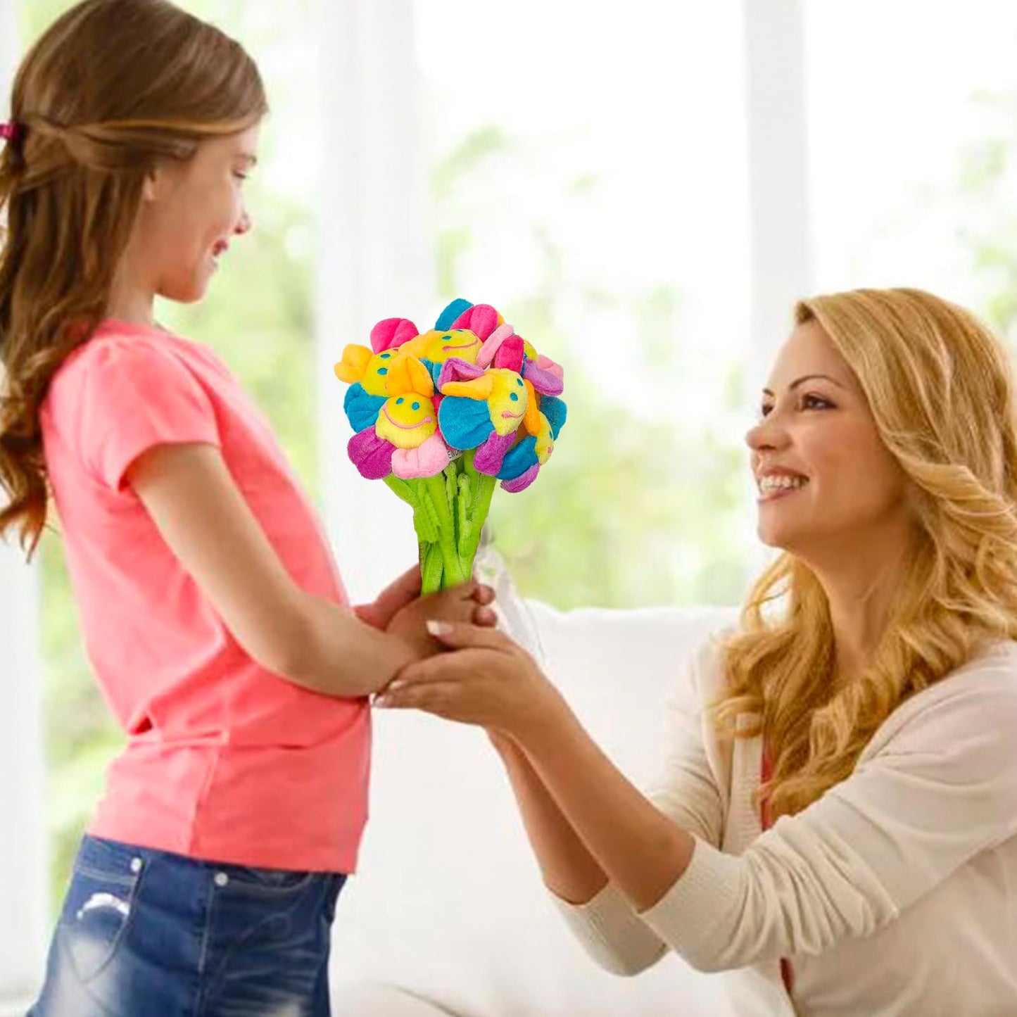 WOOPSOO 8 Pack Artificial Plush Flowers Colorful Curtain Buckle Tiebacks Cute Big Smile Face Plush Sunflower with Bendable Stems Bouquet for Home Kids Girls