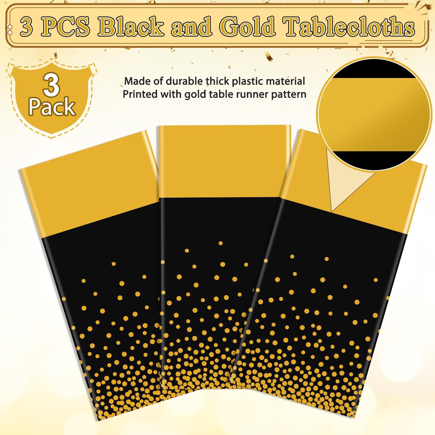3Pcs Black and Gold Tablecloth Party Decorations,Plastic Black Table Cloth Printed Gold Table Runner Disposable Rectangle Tables Cover for Birthday Retirement Anniversary Graduation Party,54 x108 Inch