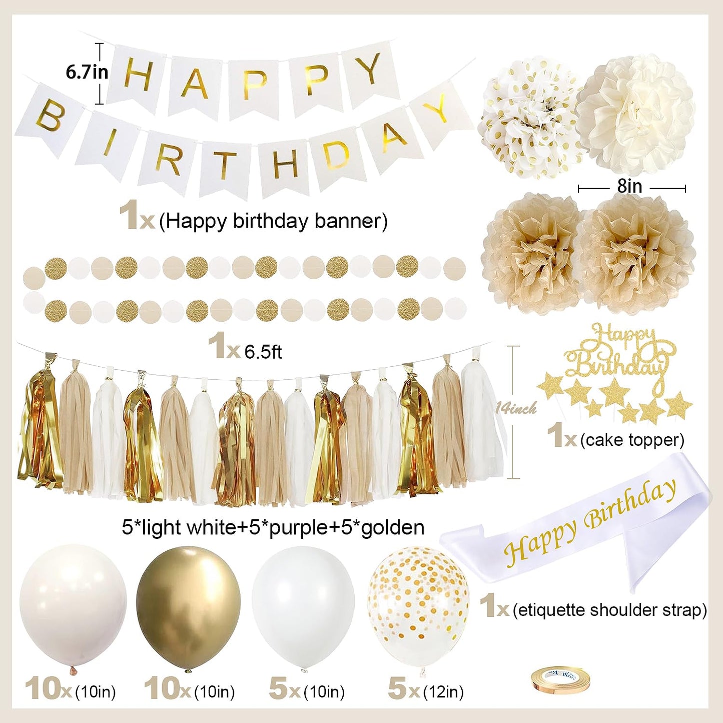 Upgraded Gold White Birthday Party Decorations for Girls Women Men with Happy Birthday Sash,Banner,Tissue Pompoms,Circle Dots Garland,Paper Tassels Garland, cake topper for Her Decor