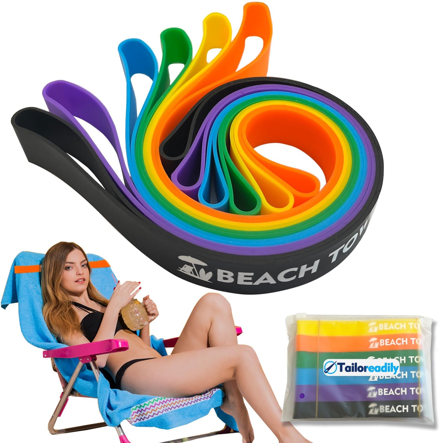 Tailoreadily 6 Pack Towel Bands, Beach Pool Cruise Chair Essentials, Keep Towels from Blowing Away, Beach Accessories for Vacation Must Haves, Great Alternative to Secure Clips, Multicolor