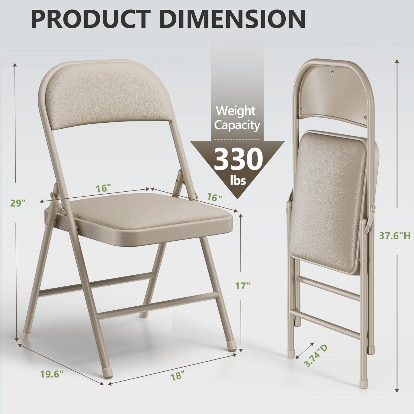Folding Chairs 2 Pack, PU Leather Padded Folding Chairs for Outside and Indoor, Heavy Duty Portable Foldable Metal Commercial Seat for Home Office, Dorm, Party, Backyard, Lawn, Patio, Khaki