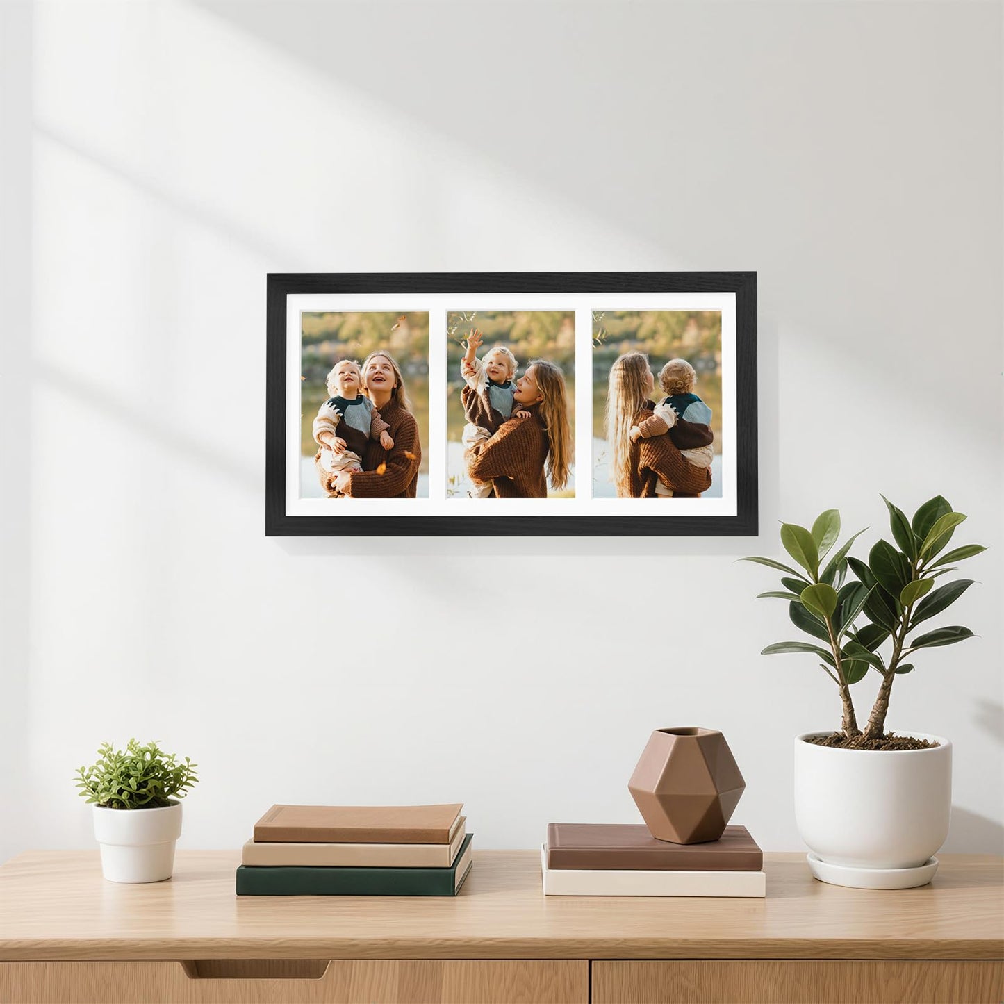 decorUhome 8x16 Picture Frames Collage Wall Decor, Display 3Pcs 5x7 Photos with Mat or 1Pcs 8x16 Unmatted, 3 5x7 Collage Picture Frames for Wall Mounting, Black