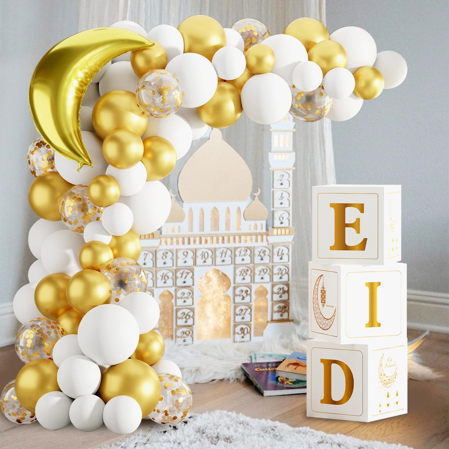 Eid Mubarak Decoration for Home 2026 - 89 White Gold Balloon Arch with Eid Mubarak Star Balloons,Star Moon Balloon Boxes,Ramadan Party Supplies Decorations for Ramadan Festival