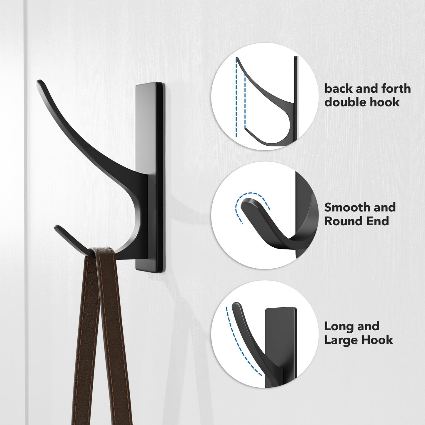 pickpiff Self Adhesive Coat Hooks for Hanging: Heavy Duty Stainless Wall Hook for Towel, Backpack, Hat, Sturdy Metal Hanger for Bathroom, Bedroom, Door, 4-Pack, Matt Black