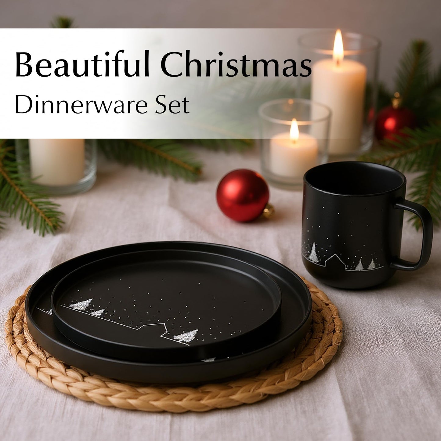 MIAMIO – Christmas Dinnerware Set 12-Piece/Christmas Plates Set with Mugs in minimalist holiday design (Service for 4) / Dishwasher and Microwave Safe – Vinter Collection