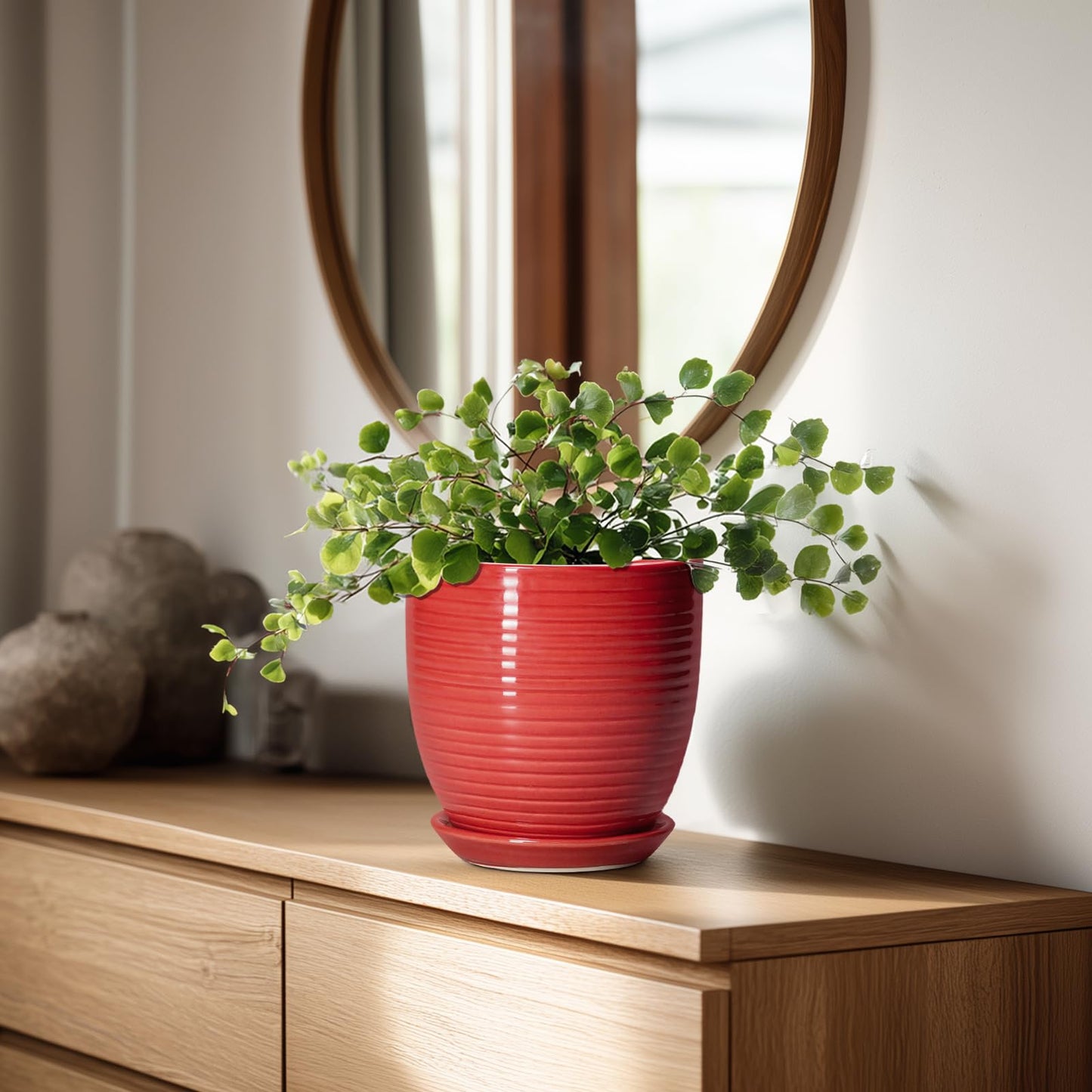 EPFamily 6 Inch Ceramic Plant Pot - Ceramic Pots for Plants, Round Planter with Drainage Hole and Saucer, Modern Flower Pots for Indoor Plants, Desk Home Office Decor, Plant Lover Gifts, Glossy Red