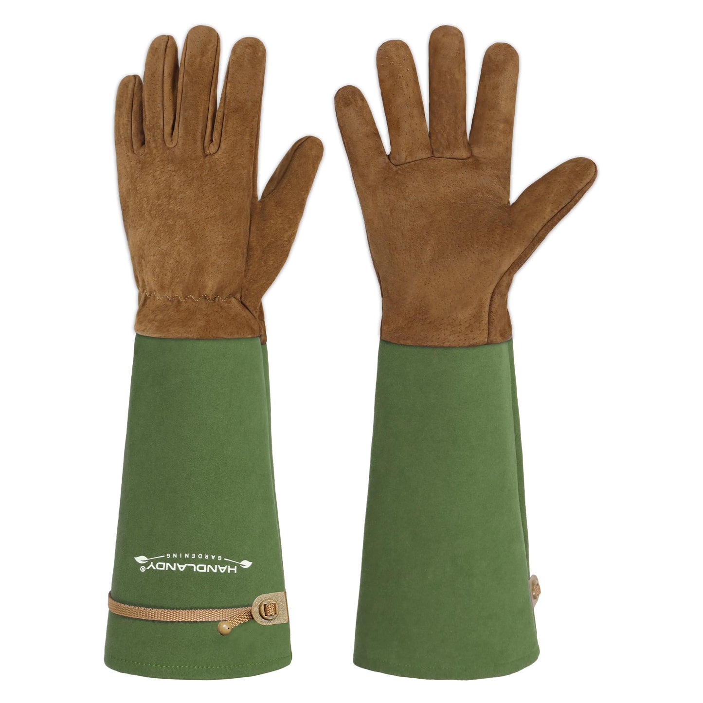 HANDLANDY Long Gardening Gloves for Men & Women, Pigskin Leather Rose Pruning Gloves, Breathable Thorn Proof Gauntlet Glove (Moss Green, M)