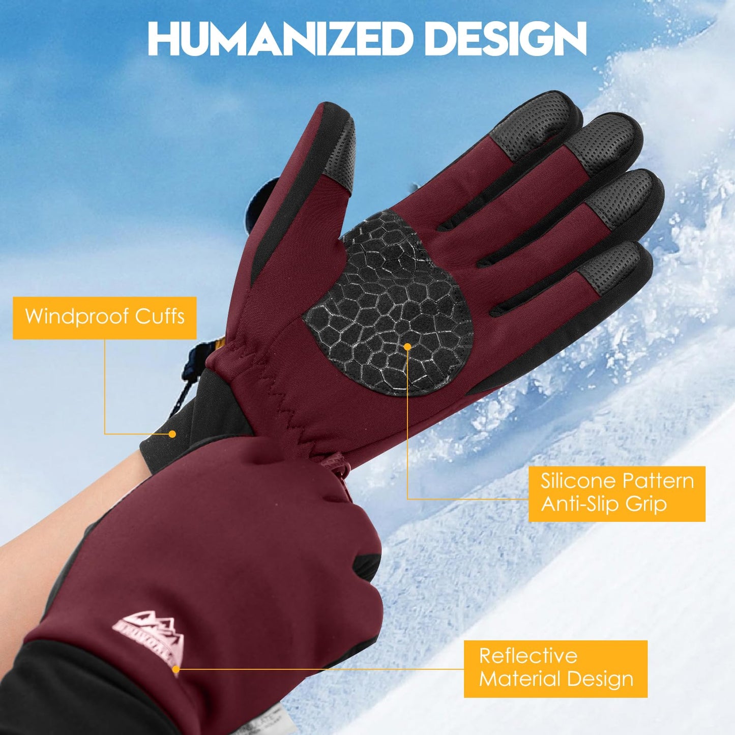 Bruvoalon Winter Gloves for Women & Men, 3M Thermal Insulation, Lycra Fabric, Touchscreen, Anti-Slip, Burgundy, L
