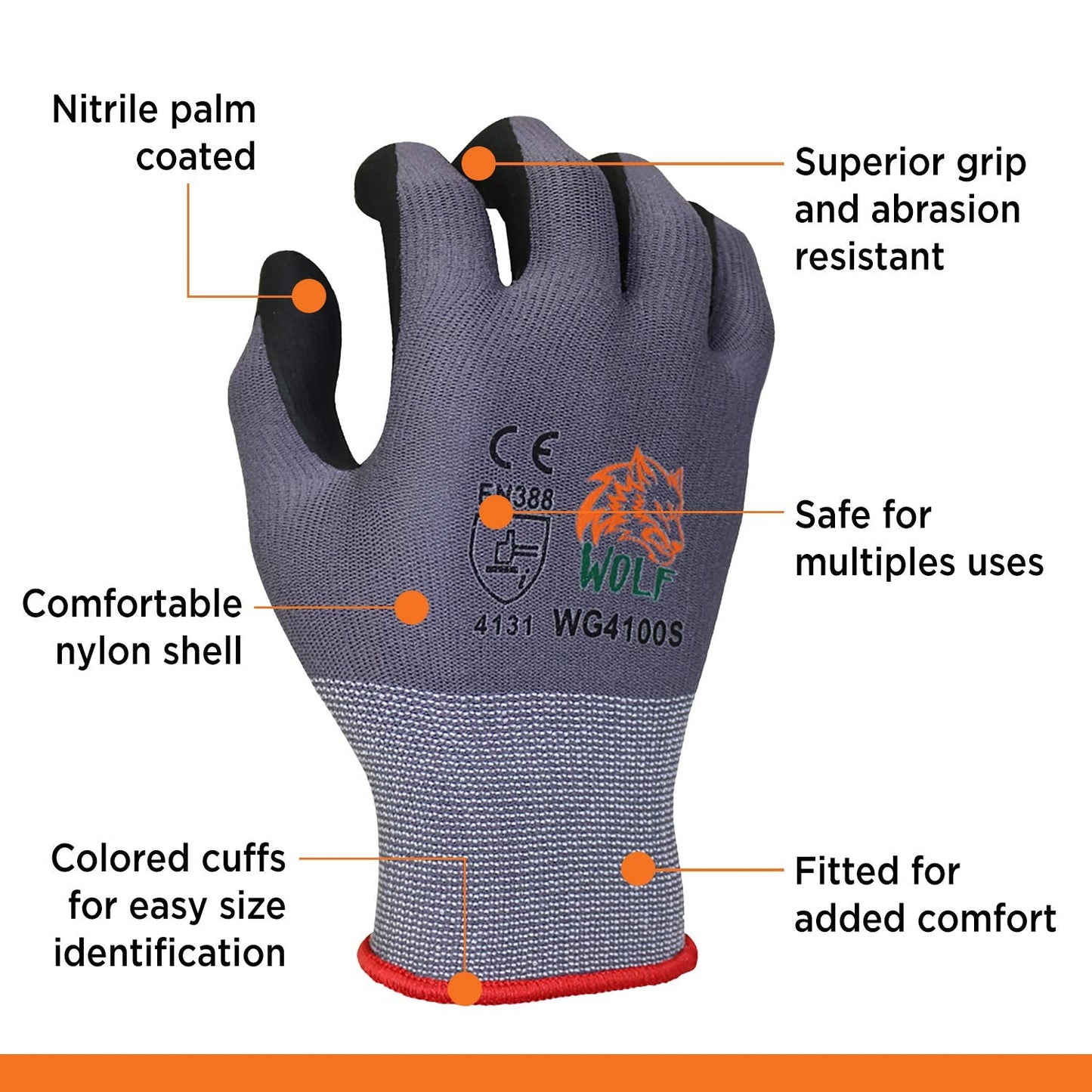 WOLF Ultra-Thin Nitrile Foam Grip Palm Coated Nylon Shell Work Glove, Construction, Gardening, Mechanics, Warehouse, Multi-Purpose, Black (12, Extra Large)