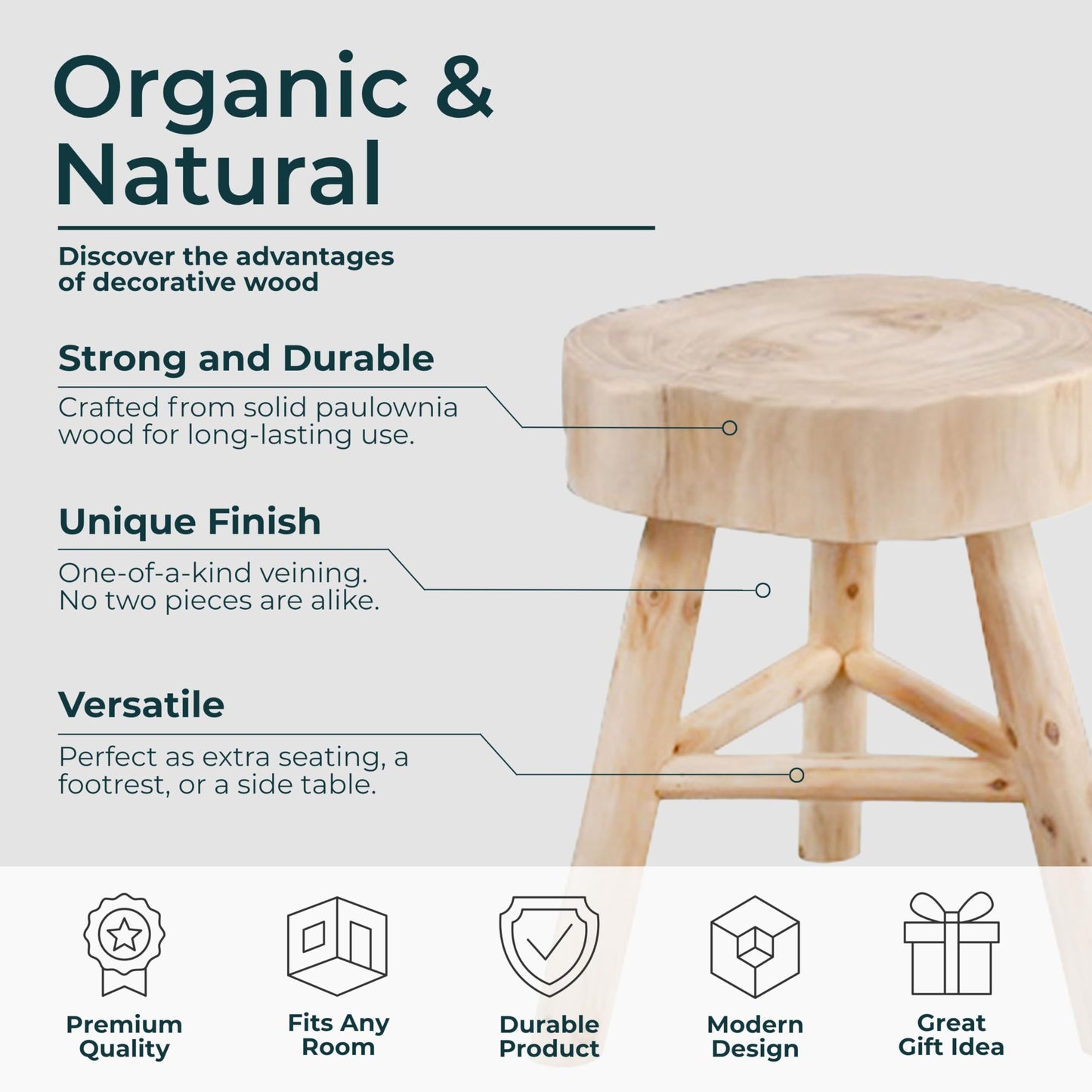 Sagebrook Home Paulownia Wood Stool - Rustic Handcrafted Wooden Accent Seat - Natural Finish - 16" Tall - Decorative Small Stool for Living Room, Bedroom & Office - 16" Ivory & Tan