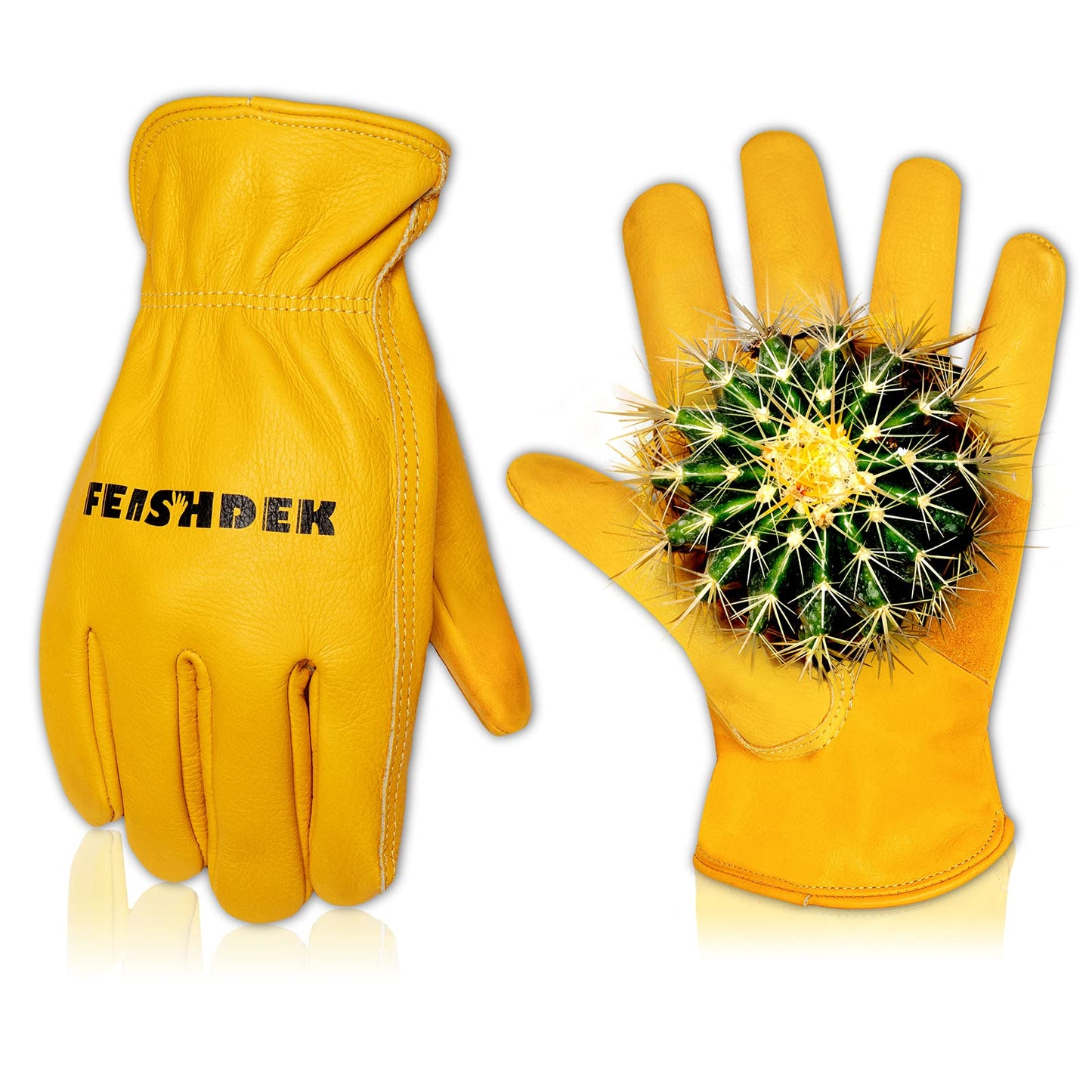 FEISHDEK Yellow Large Cowhide Thorn Proof Gardening Gloves for Men Safety Working Gloves with Durable Grip Reinforced Palm Patch