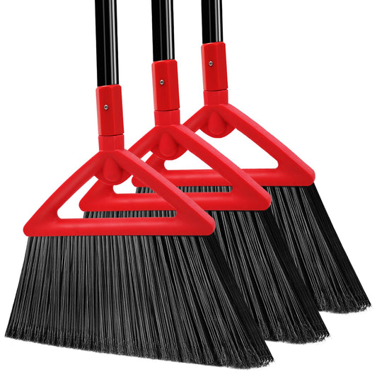 PUTNATRUE Heavy Duty Angle Broom, 3 Pack Longer Commercial Brooms, Swipe Brooms for Sweeping Indoor Outdoor, Perfect Red Broom of Kitchen, Garage, House, Restaurant