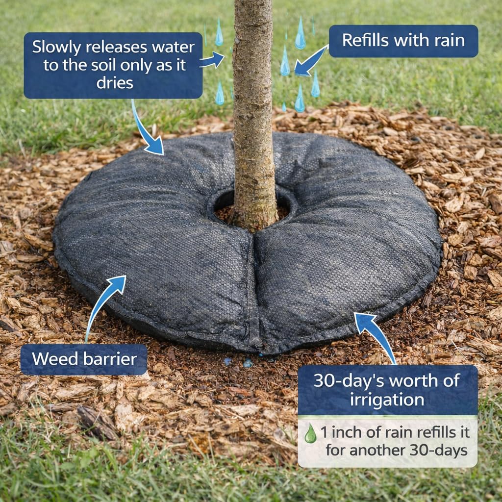 SteadySpring® 24" Smart 30+Day Tree Watering Mat - AUTO Refills with RAIN and Slow Releases As Plant Needs - for Root Balls 11" - 15" Dia Slow Release Technology Prevents Over and Under Watering (1)