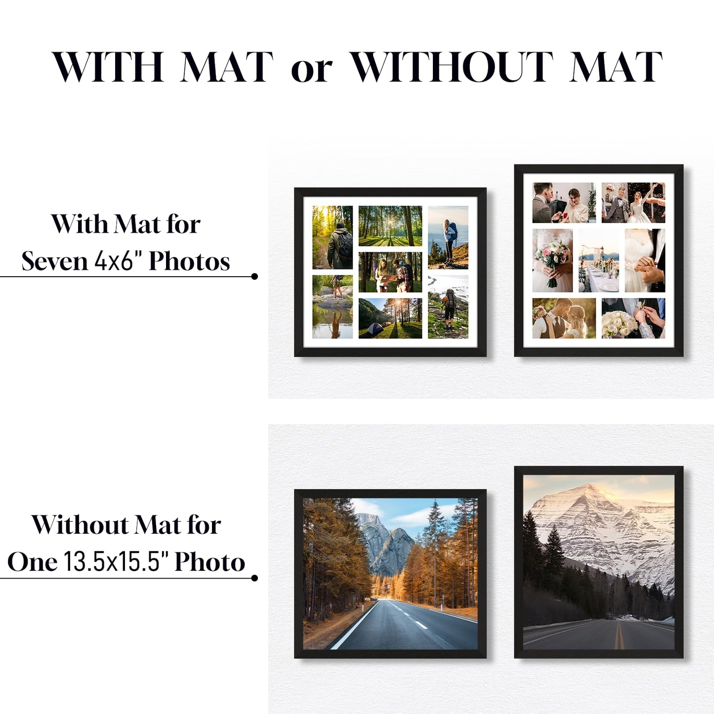 Lacopgr 4x6 Picture Frame Collage 7 Openings, 13.5"x15.5" Multi Photo Collage Frame 4"x6" Gallery Wall Decor Wooden, Black Frame with White Mat, Wood