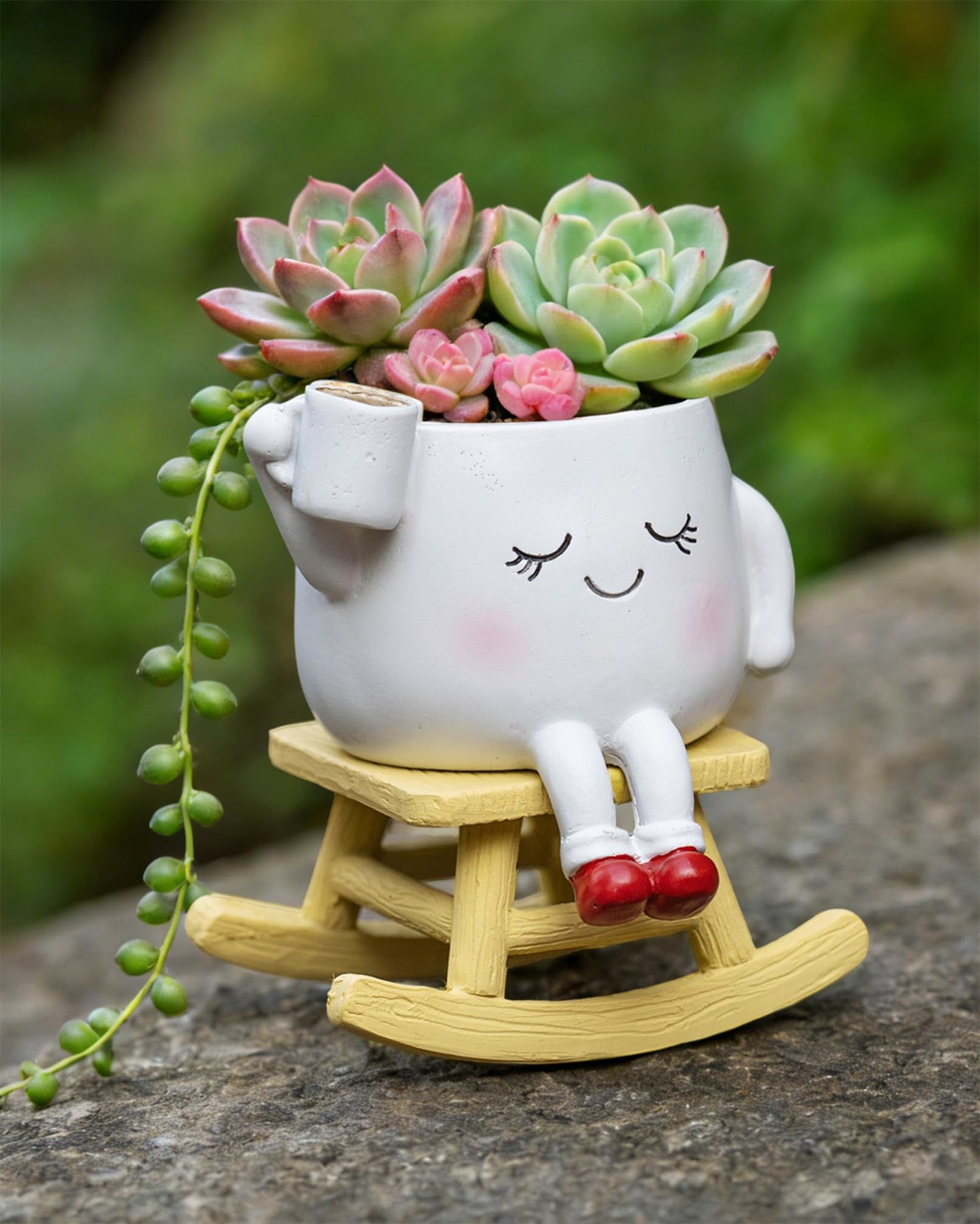 RZOIKZOI Rocking Chair Smiley Face Planter,Cute Plant Pots for Indoor Outdoor Plants,Succulent Pots with Drainage Hole,Unique Funny Flower Pot,Plant Gifts for Mother's Day, Birthday, Christmas（White）