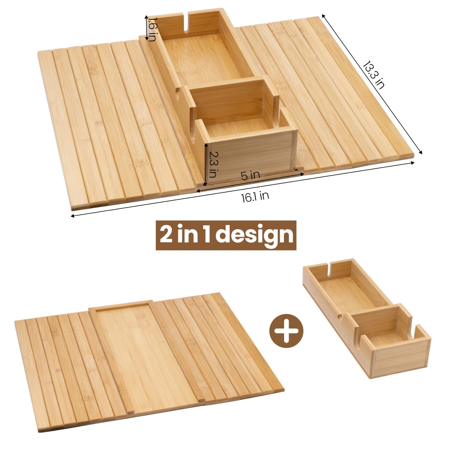 Bamboo Sofa Armrest Tray - Couch Arm Tray with Detachable Couch Cup Holder - 2 in 1 Anti-Slip Foldable Sofa Armchair Caddy Table - Cup Holder for Drinks Cellphone Snacks, Remote