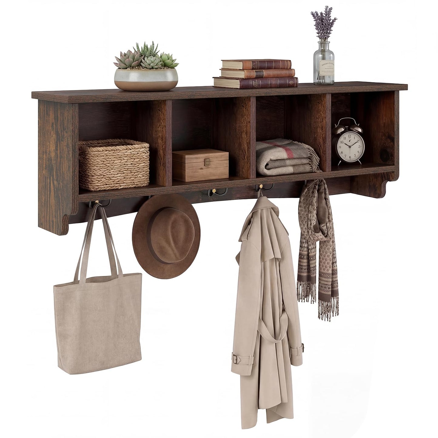 Giantex Wall Mounted Coat Rack, 28.5'' Wooden Floating Shelf with 4 Cubbies & 5 Double Hooks, Modern Space-Saving Storage Display Organizer for Entryway, Hallway, Mudroom (Rustic Brown)