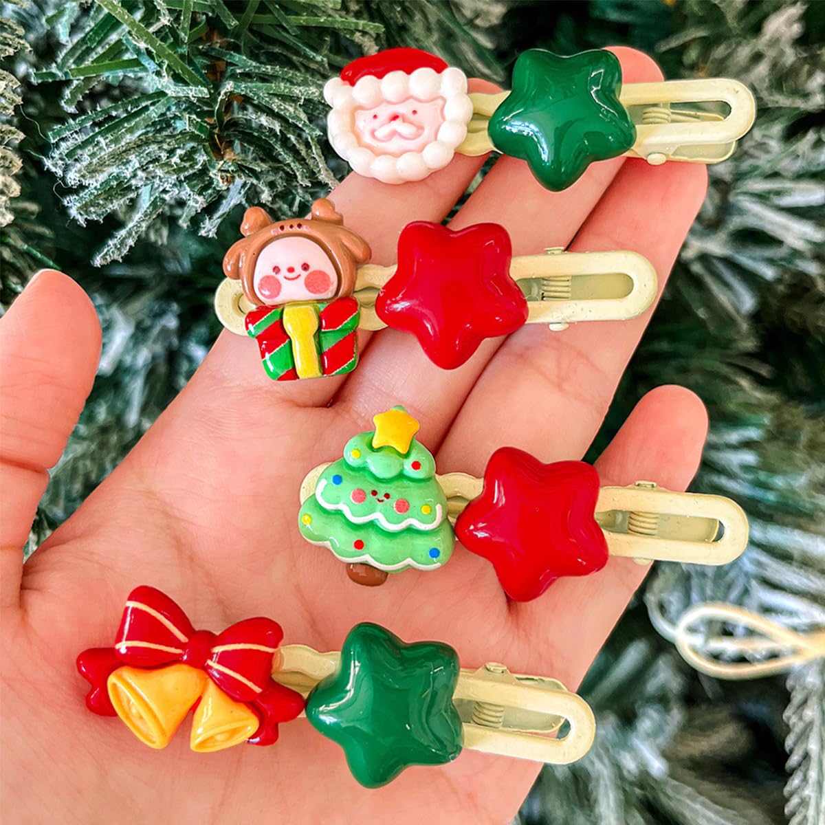 Christmas Hair Clips for Women 6Pcs Cute Hair Barrettes Cartoon Star Santa Claus Bell Gloves Fashion Accessories Xmas Tree Side clip Design Christmas Claw Clips for Women Holiday Party Hairs Decor