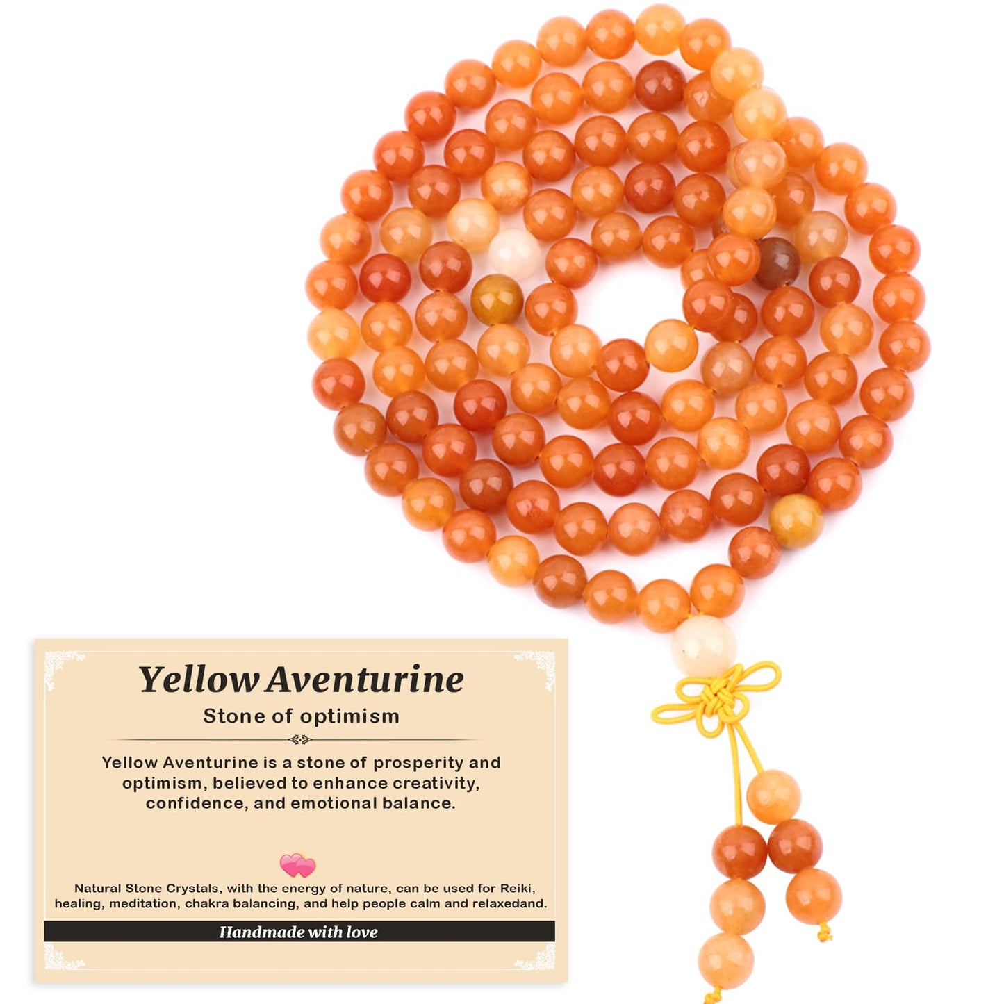 AD Beads 8mm 108 Prayer Mala Yellow Aventurine Elastic Bracelet - Optimism - Handmade Yoga Meditation Healing Power Energy Gifts for Unisex Adult.