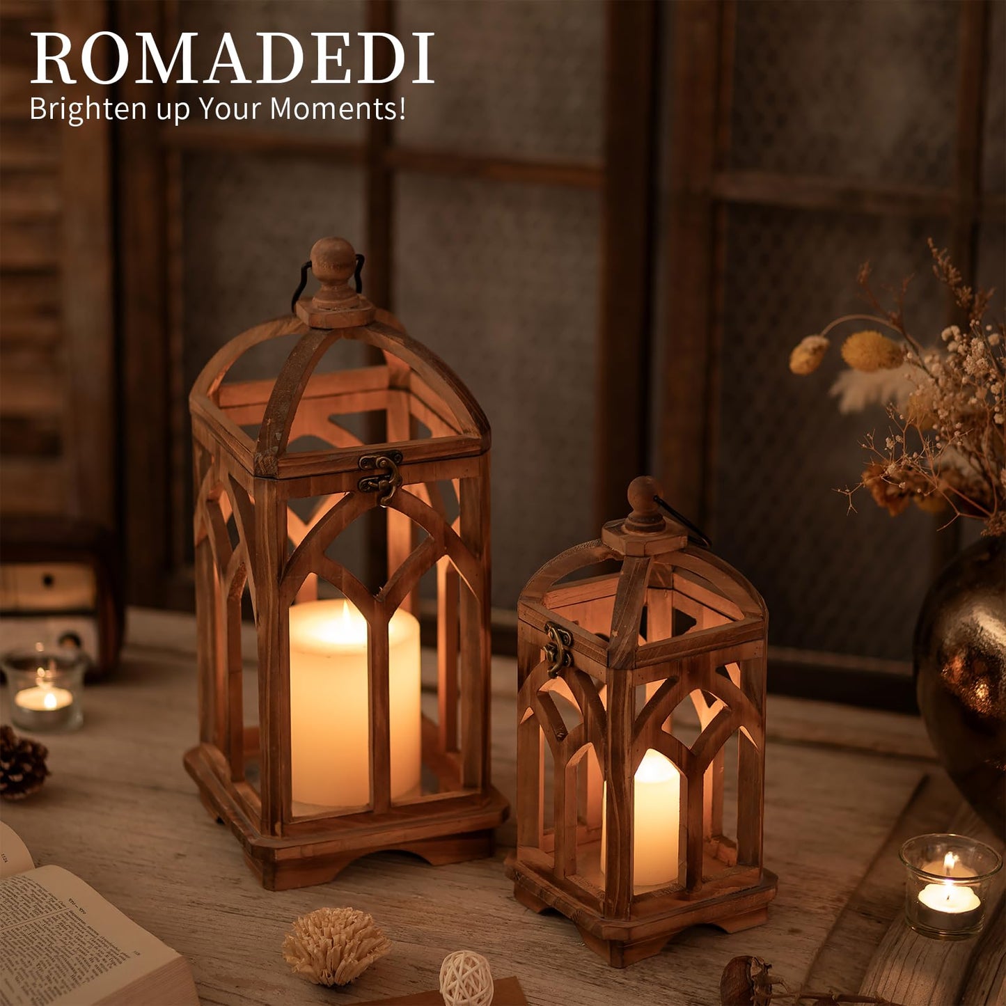 Romadedi Farmhouse Candle Lantern Wooden - 12" / 16" Set of 2 Decorative Rustic Wood Candle Holder Home Decor Decoration Wedding Table Centerpiece, Brown