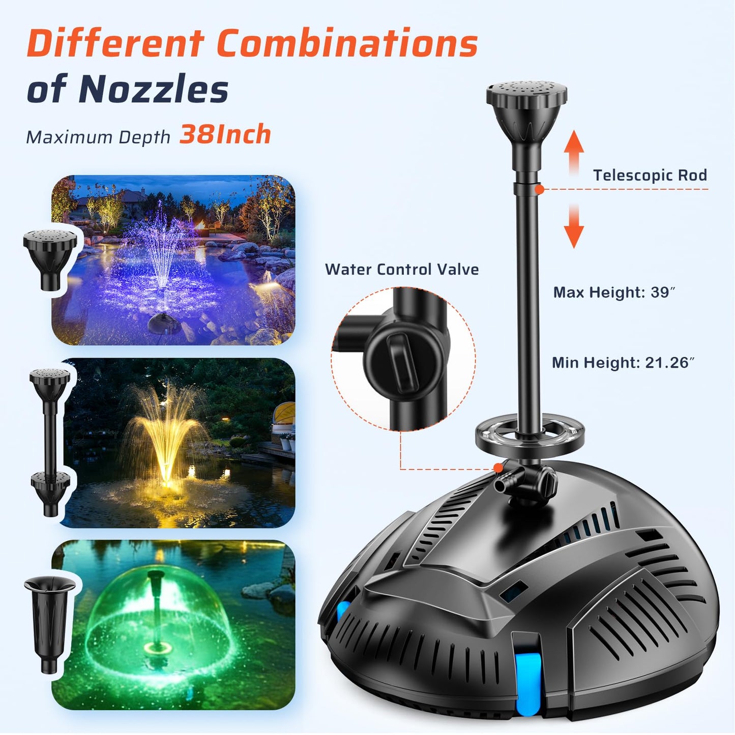 Antfraer Pond Filter with U-V Clarifier, 660GPH Pond Pump and Filter Kit & RGB LED Lights, All-in-One Submersible Pond Fountain for Outdoor Ponds, Koi Ponds, Water Gardens with Remote Control