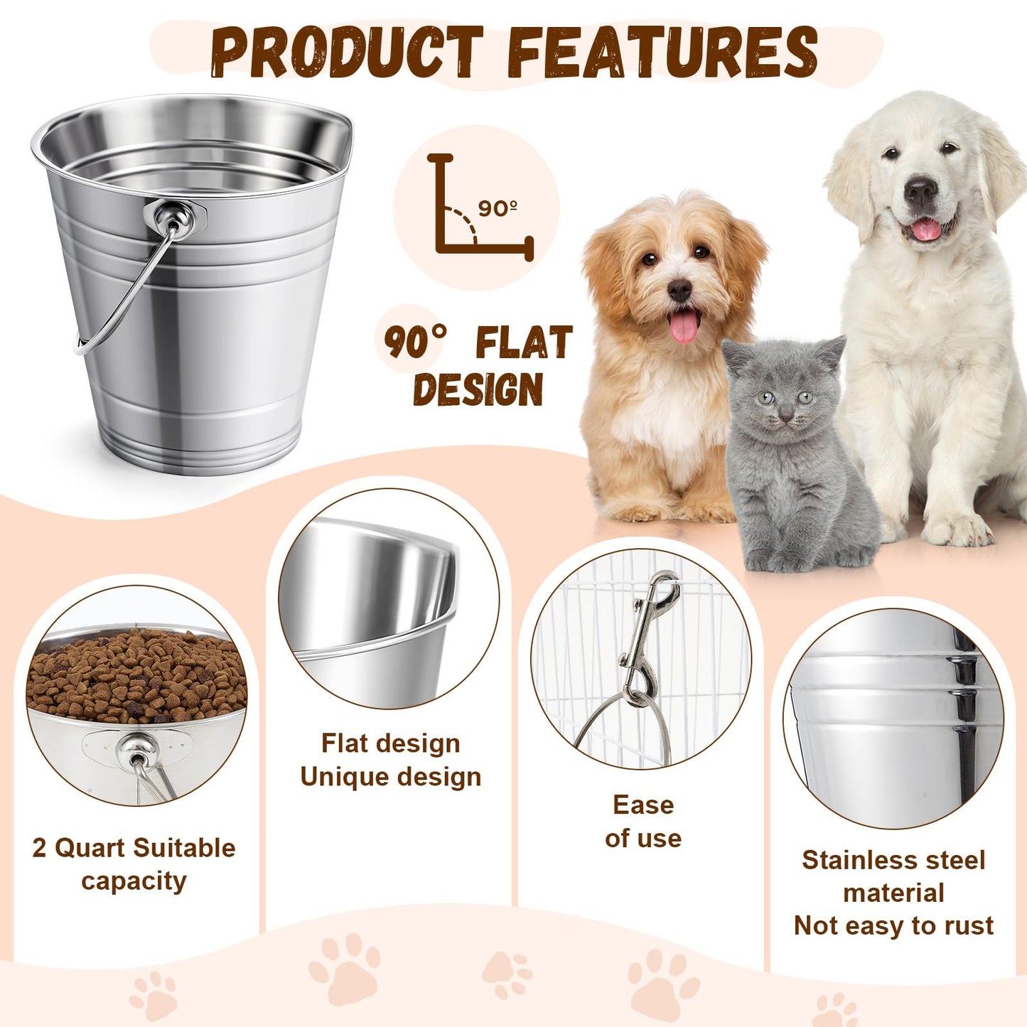 Mumufy 6 Set 2 Quart Stainless Steel Flat Side Bucket Durable Water Pails with Double Ended Snaps Small Metal Bucket Flat Back Water Pails for Dogs Cats Kennels Cages Fences Pet Container