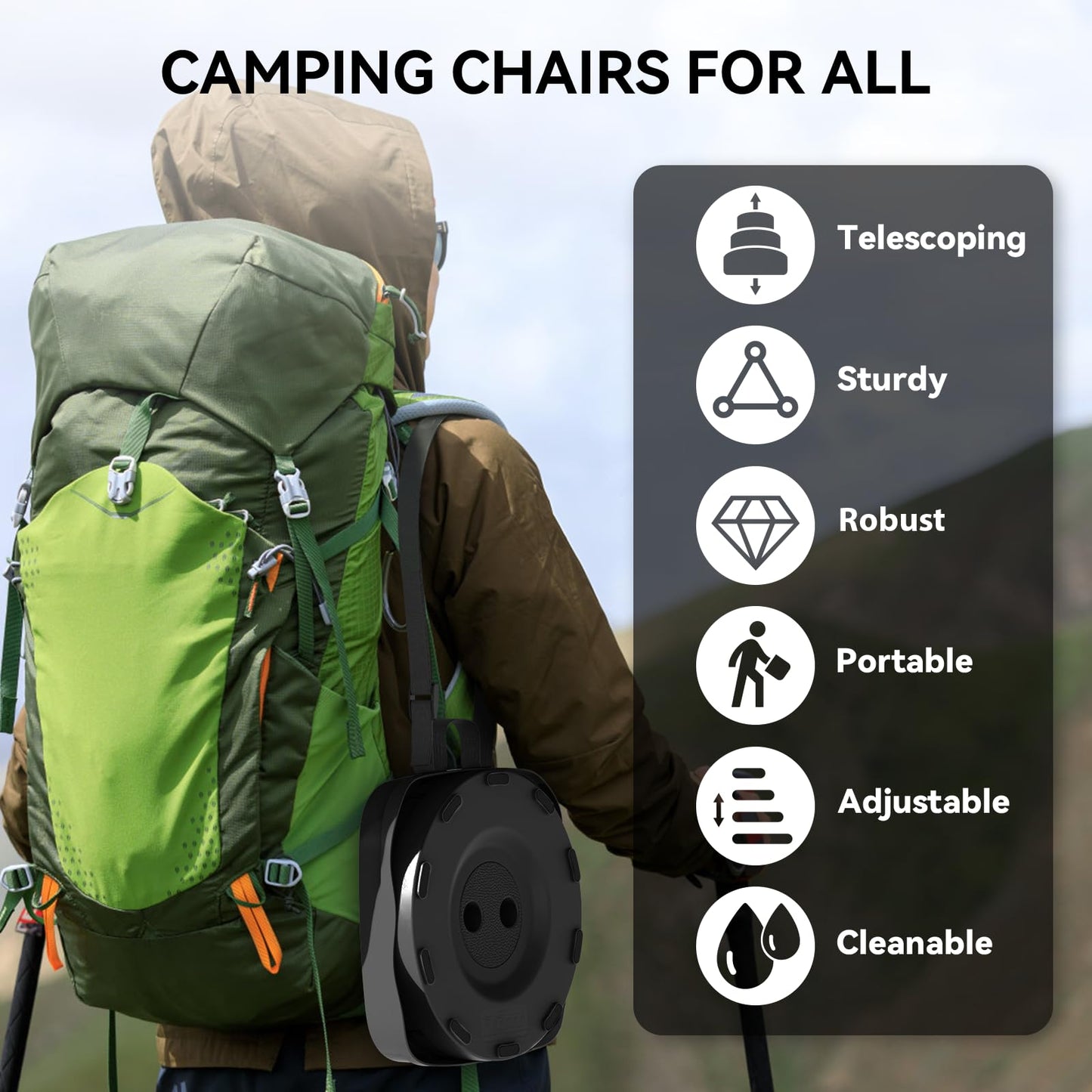 Guioiby 2025 Upgraded Portable Folding Stool, Collapsible Stool, Telescoping Camping Stool with Max Load Capacity 485lbs, Square Retractable Seat for Camping Gardening Fishing Hiking BBQ[Black]