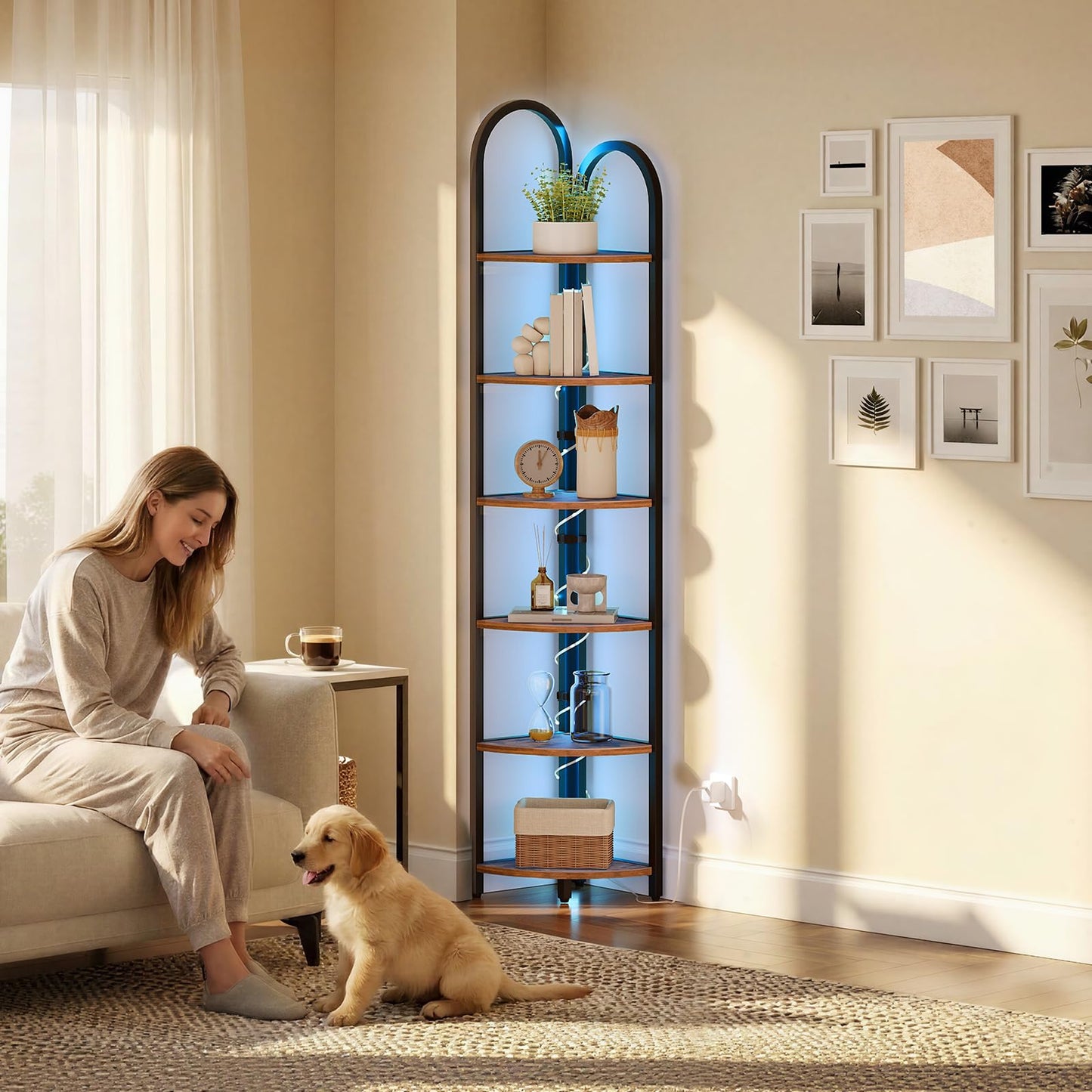 MAHANCRIS 6 Tier Corner Shelf with LED Light, 74.6'' Tall Corner Bookshelf Stand, Narrow Display Bookcase with Storage Rack for Wall Corner, Living Room, Bedroom, Small Spaces, Rustic Brown CSHR66101