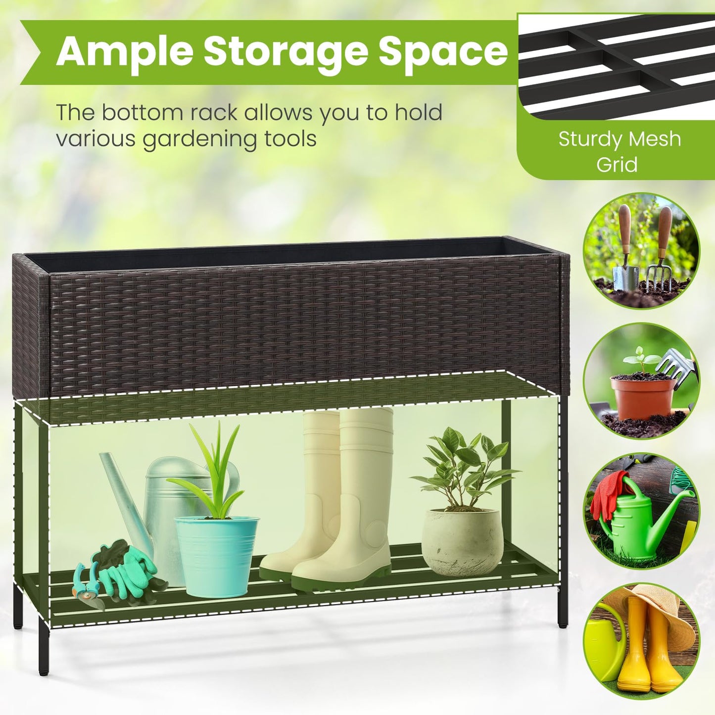 HAPPYGRILL Raised Garden Bed, Rattan Planter Raised Bed with Legs, Bottom Storage Shelf, Removable Liner, Drainage System, Wicker Elevated Planter Box w/Legs for Vegetables Flowers (40” x 12” x 28”)