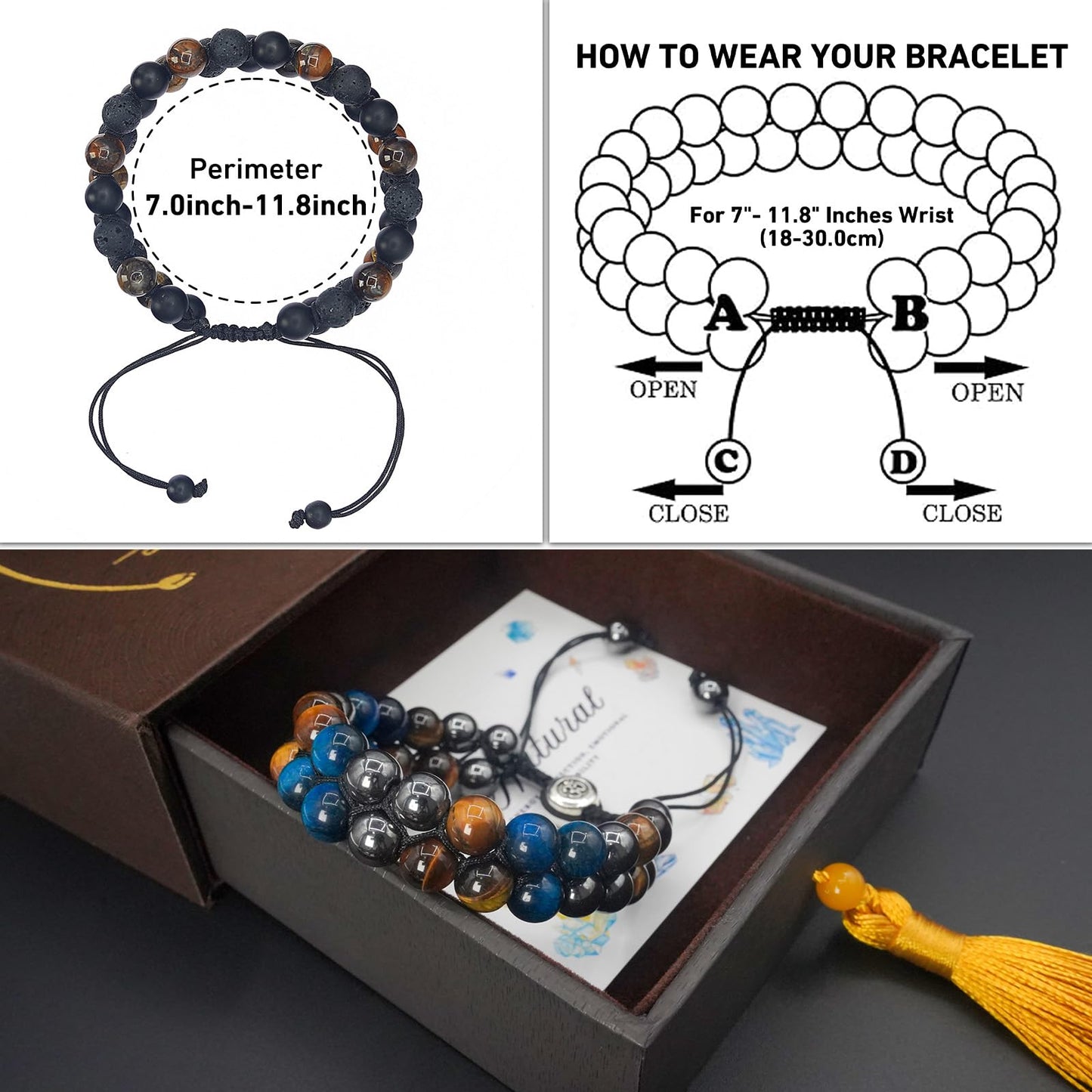 Triple Protection Energy Bracelet, Healing Crystals for Negative Energy Protection, Unisex Amulet with Obsidian, Tiger Eye, and Onyx Stones, Spiritual Jewelry for Men and Women, Healing, Manifestation, and Wellness (8mm two-color tiger eye energy chain)