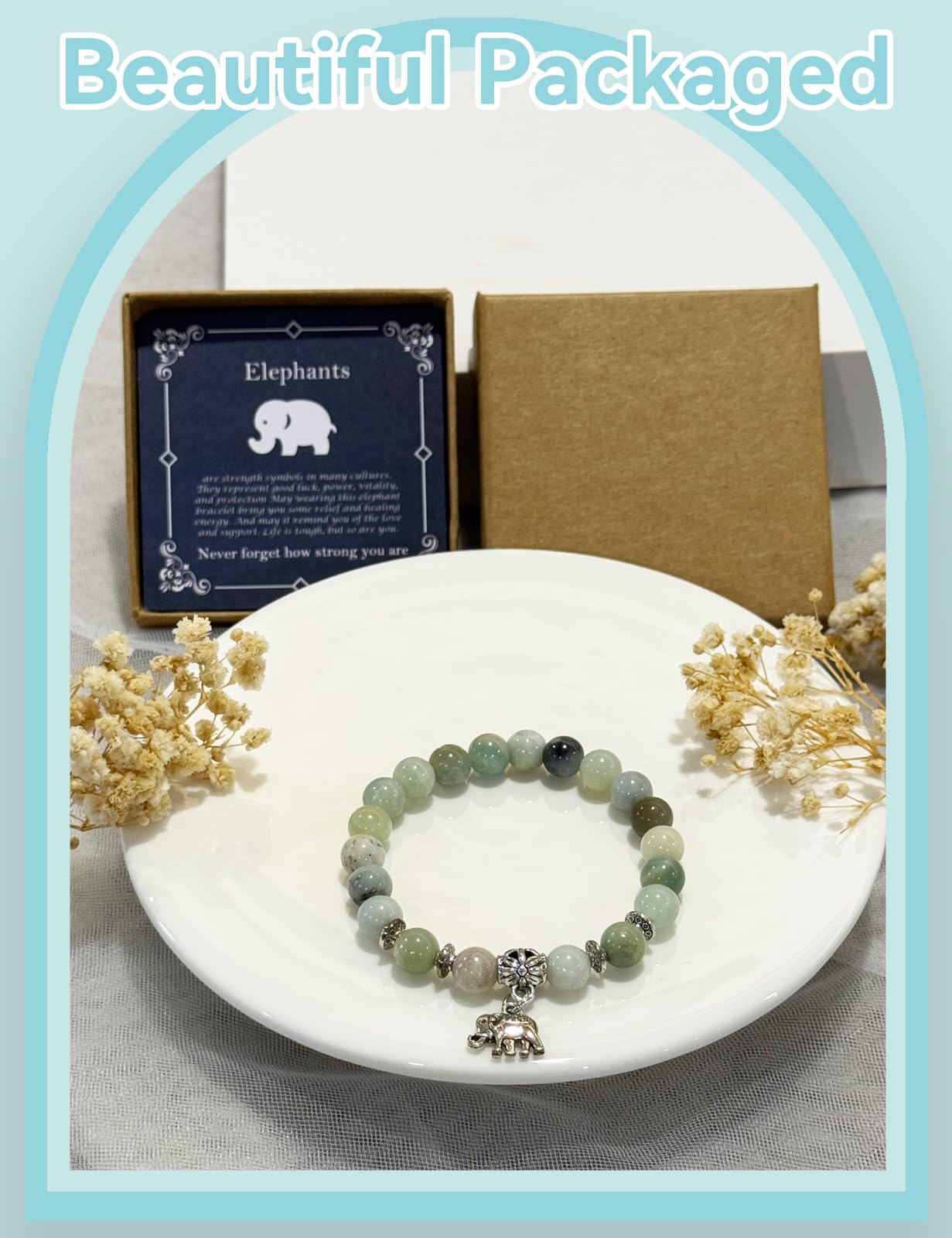 Elephant Gifts for Women, Motivational Gifts for Mom, Mothers Day Elephant Bracelet, Strength Bracelets for Women Her, Anxiety Bracelet, 8 mm Stretch Natural Stone Beaded Bracelets, Mother Day Gift, Lime Green