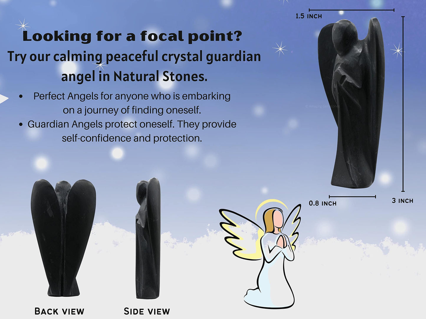 Amazing Gemstone Shungite Crystal Guardian Angel Figurines Ornament for Healing Birthstone, Decoration Statue (Hand Carved Pocket Gemstone Angel) (3 inch)