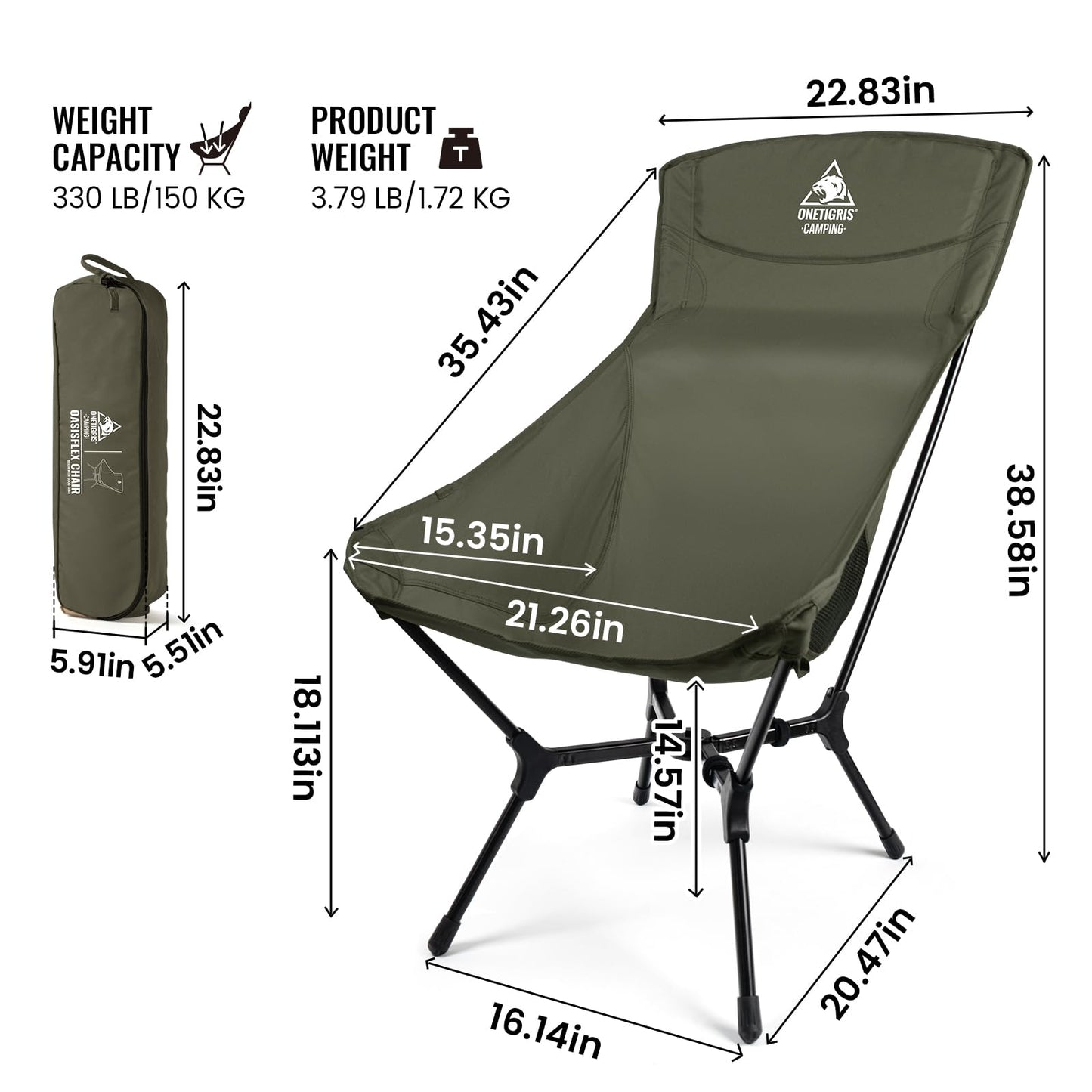 ONETIGRIS OasisFlex Camping Chair,High Back Folding Chair with Carry Bag,Great for Camping,Beach,Picnic,Park,Lawn,Sports and Outdoor Events