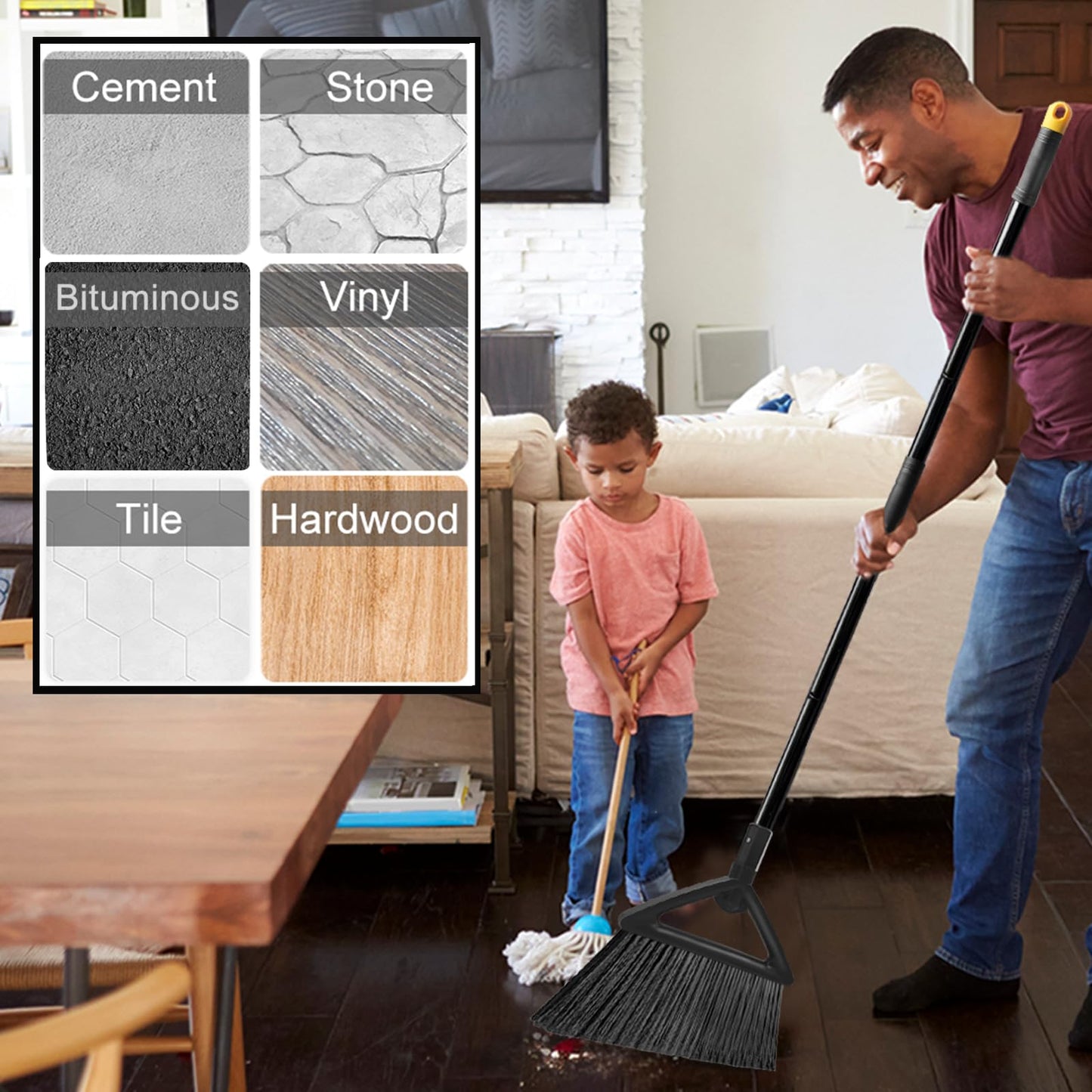PUTNATRUE Heavy Duty Broom Outdoor Indoor, Upgraded Commercial Angle Brooms, Black Broom for Sweeping House, Restaurant, Kitchen, Garage, Courtyard
