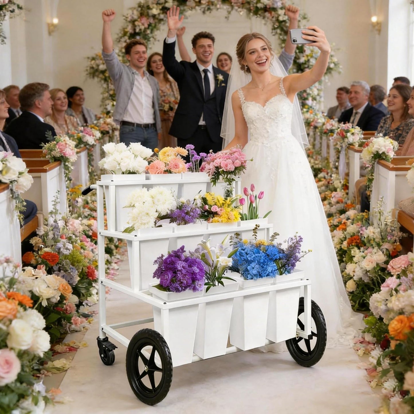 Heavy Duty Flower Cart Display Stand with Large Wheels and Handles, Metal Flower Plant Stand with 12 Buckets, Moving Flower Bouquet Holder for Farmers Market Stand, Flower Bar Supplies for Patio Garden Florist Wedding (White, L33.4*W31.4*H*40.5in)