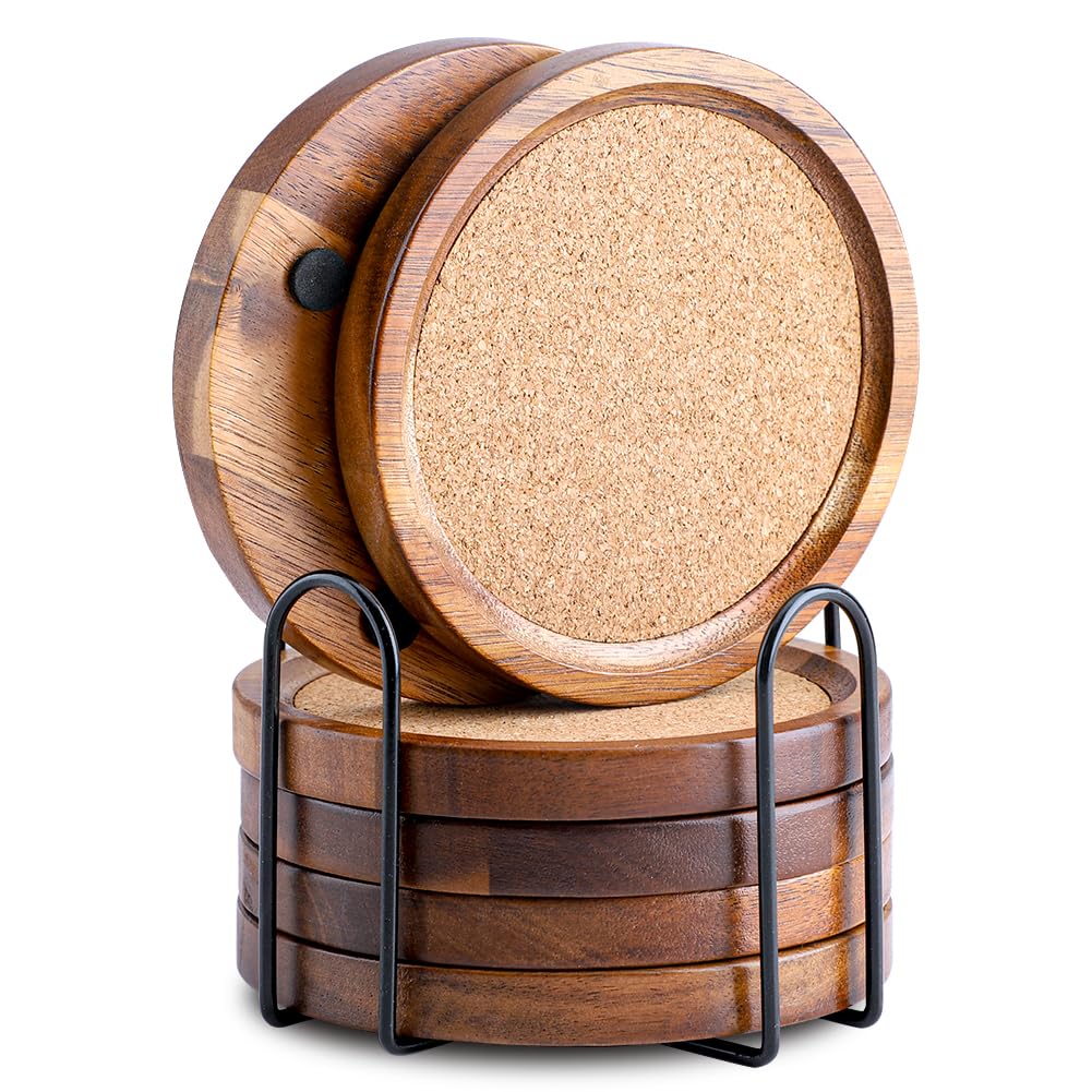 WLWNWFT Wood Cork Coasters for Drinks Absorbent with Holder, WLWNWFT Acacia Wood Coaster Sets Rustic Farmhouse for Coffee Table Dining Table Wooden Table Coasters for Desk, Set of 6 4.33in
