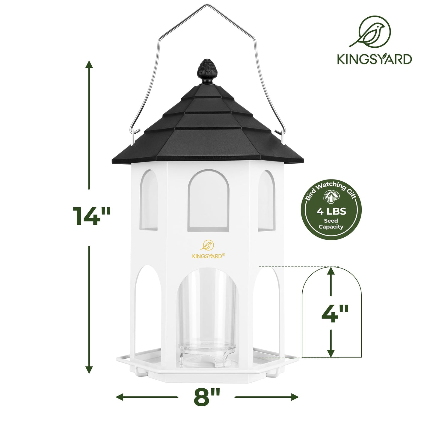 Kingsyard Metal Bird Feeder for Outdoor Hanging, Wild Bird Feeders with Circular Perch, Easy to Clean & Refill, 4 lbs Large Seed Capacity, White