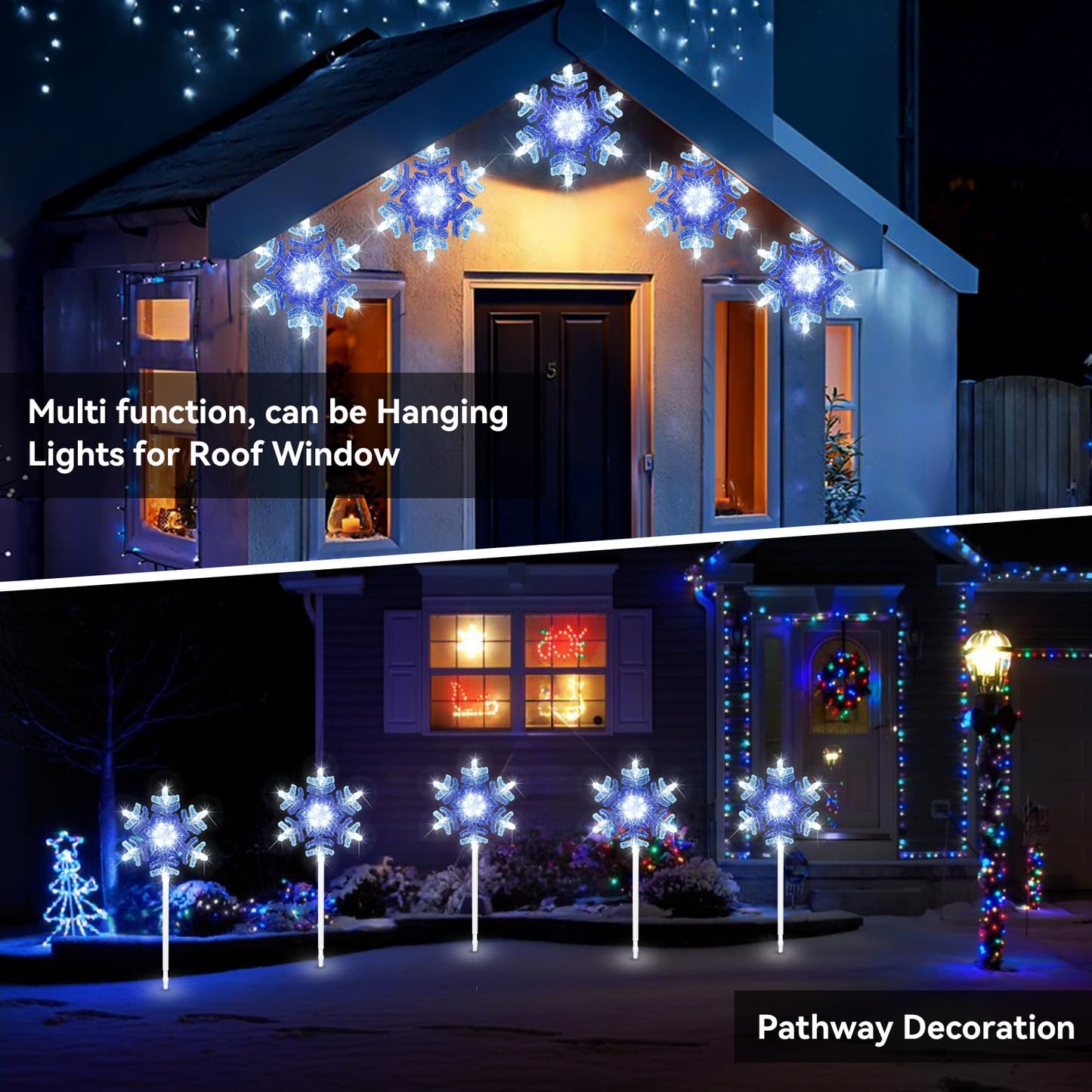 Snowflake lights outdoor 3D Crystal Cool White and Blue Chasing Led 9 ft set of 5 Yard Stake Snowflake Christmas Pathway Lights Connectable Christmas Decorations Outside for Yard Path Lawn Patio Decor