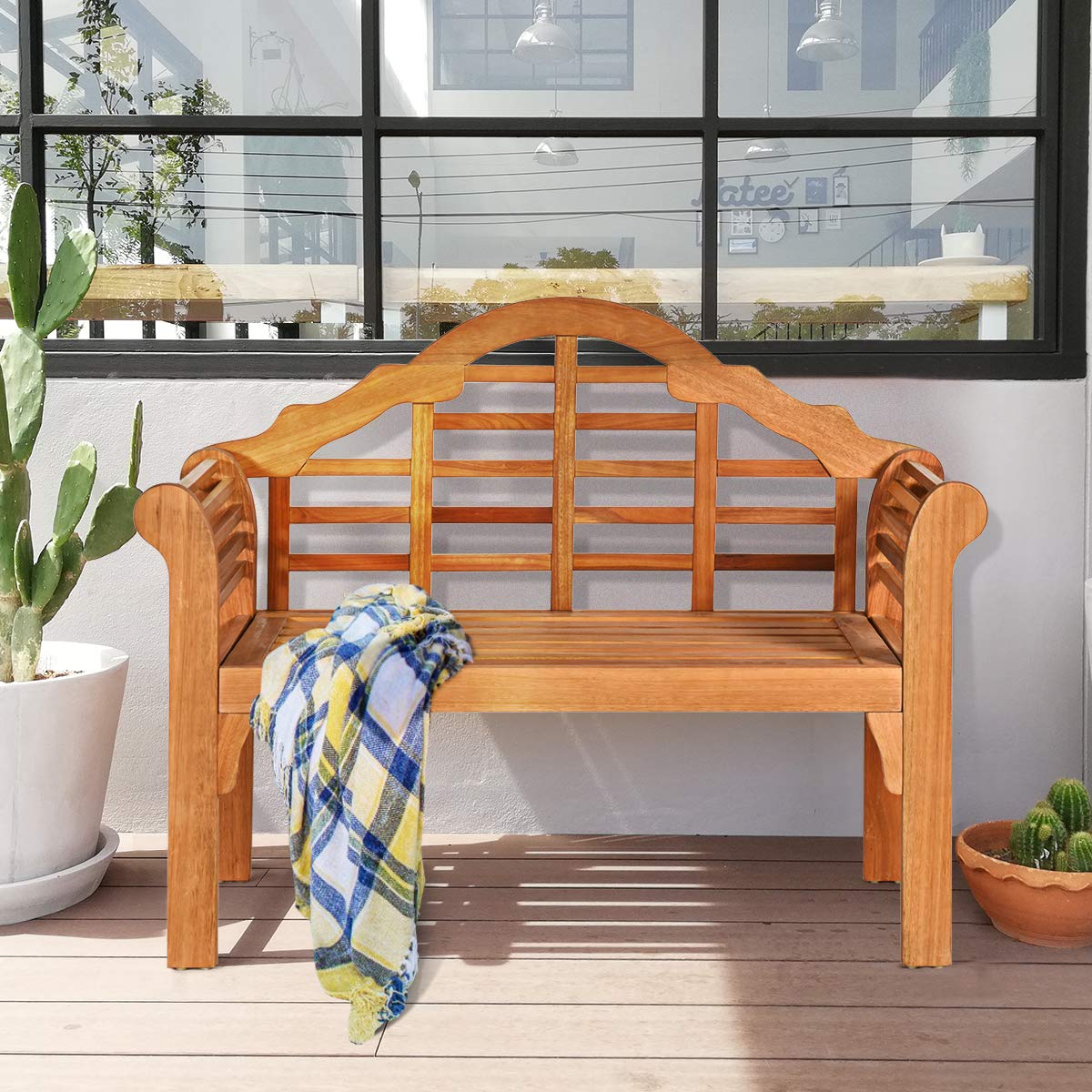 Giantex Outdoor Wood Bench, 4 Ft Foldable Eucalyptus Garden Bench, Two Person Loveseat Chair Solid with Curved Backrest and Armrest Ideal for Patio, Porch or Balcony (Teak)