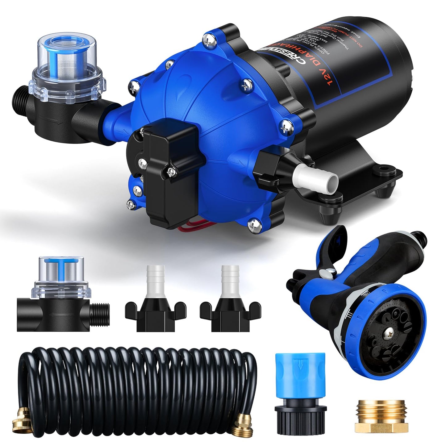 CrestWave 12V DC Washdown Pump Kit, 7GPM 70PSI Wash Down Pump for Boat with Spray Nozzle, 5-Chamber Self-Priming Diaphragm Water Pump with Pressure Switch & Strainer for Boats, RV, Marine, Yacht