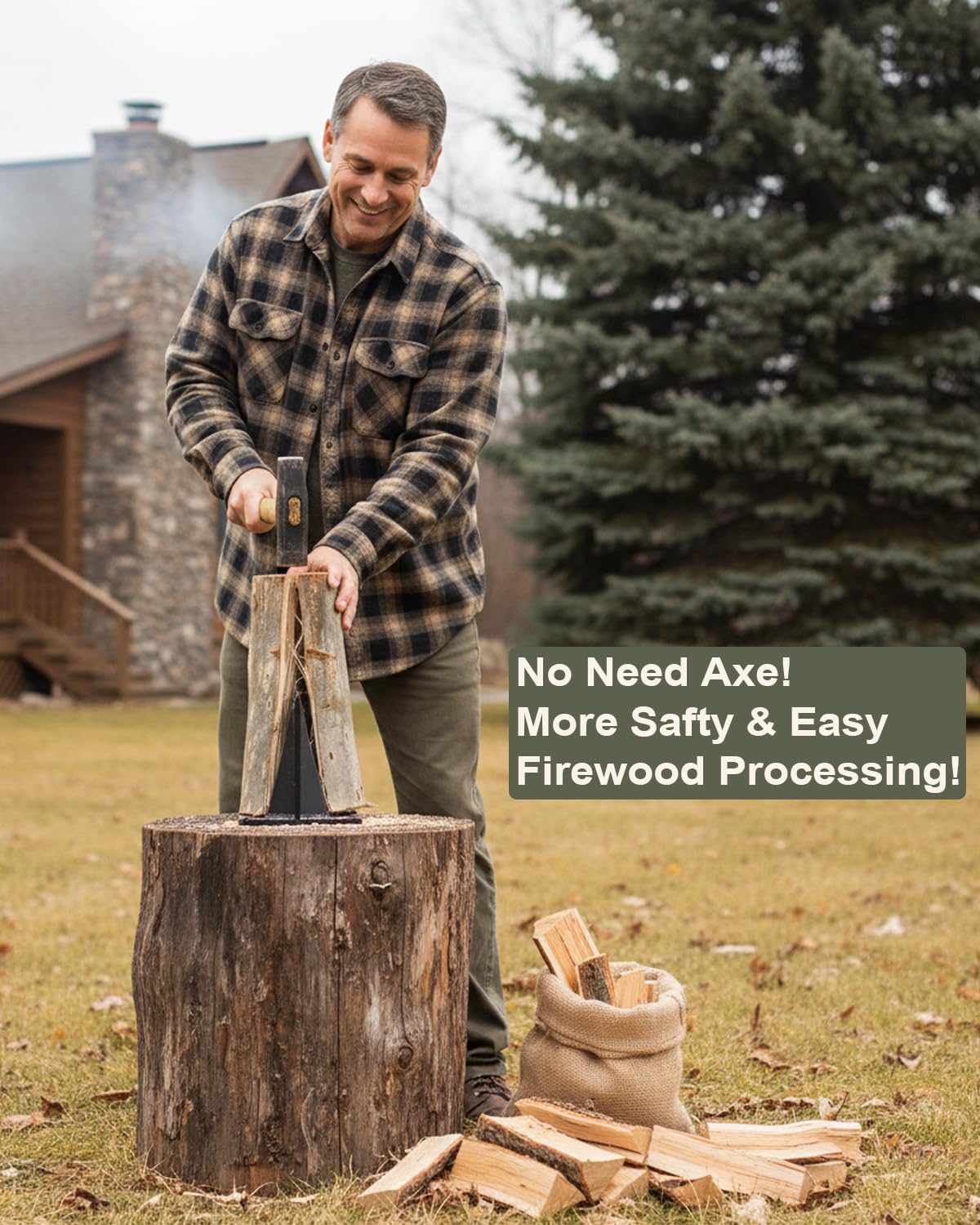 Fletzorb Kindling Splitter Firewood Log Splitter, Heavy Duty Steel No-Axe Wood Chopper, Manual Safe Wedge Cracker Tool with Cut-Resistant Gloves Set