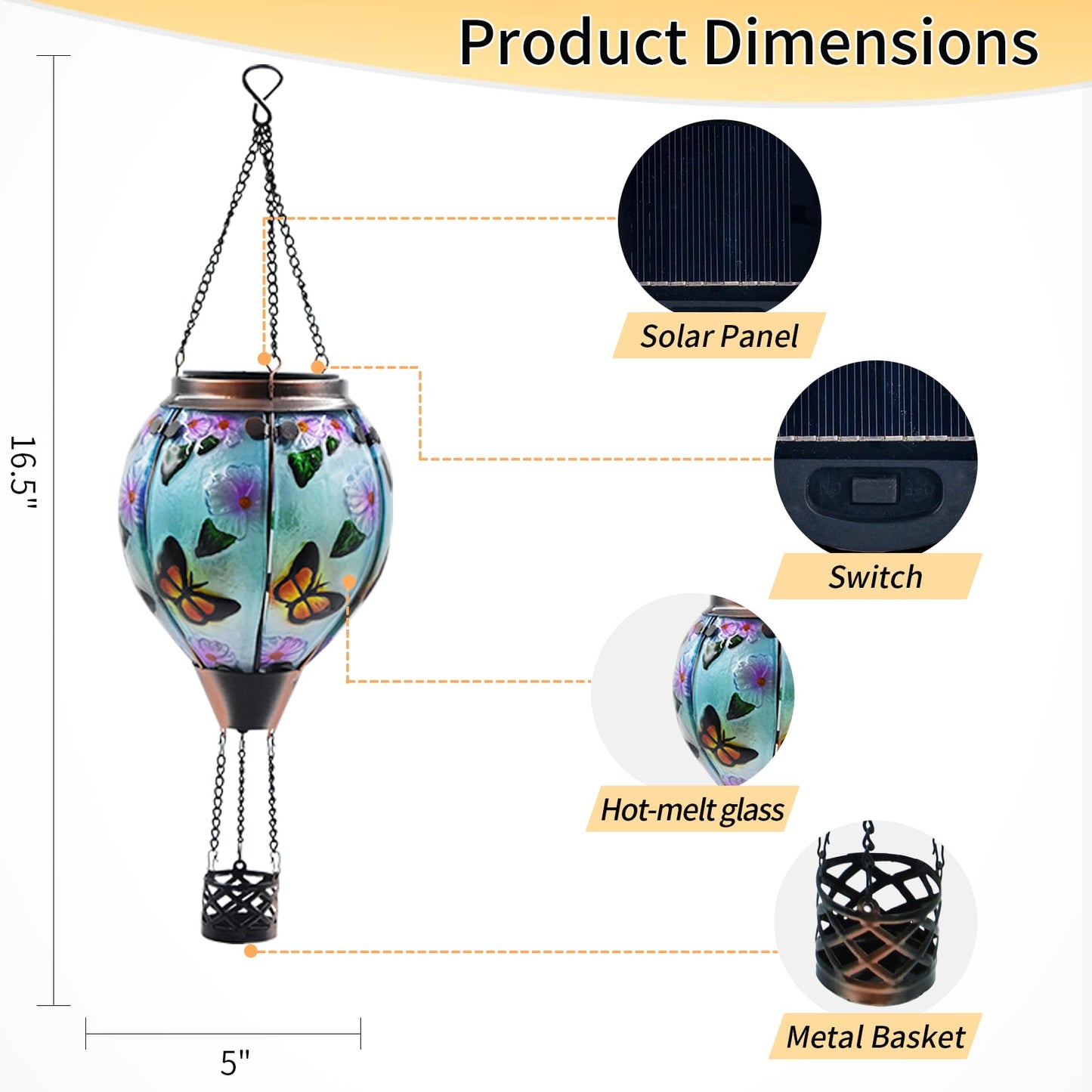 TEYIGARDEN Hot Air Balloon Solar Lantern with Flickering Flame, Glass Hanging Garden Lights Outdoor Waterproof for Tree Yard Patio Mother's Day Gift, 18" H Butterfly