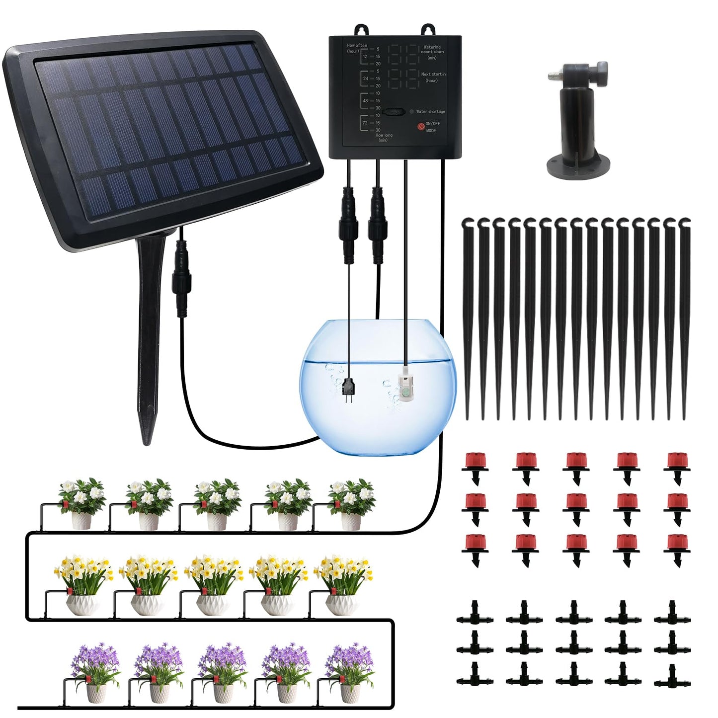 Solar Automatic Drip Irrigation Kit System, 12 Timer Settings Garden Irrigation System, Self Watering Devices for Plants, Raised Beds, Greenhouse, Travel, IP44 Waterproof (15 Pots)