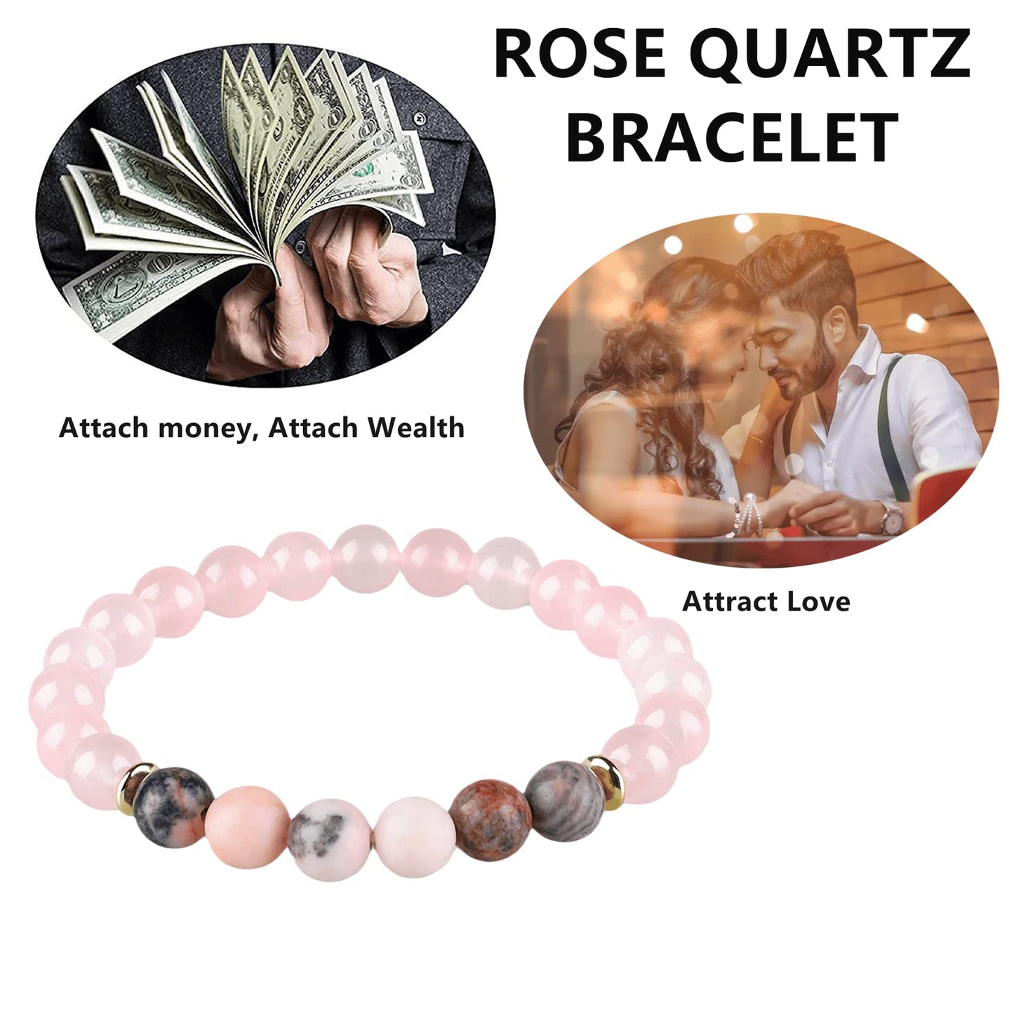HOZEAL Handmade Rose Quartz Bracelet, Pink Crystal Stone Love Friendship Chakra Bracelet, Prosperity Business Money Energy Wealth Good Luck Feng Shui Beaded Bracelet for Men Women