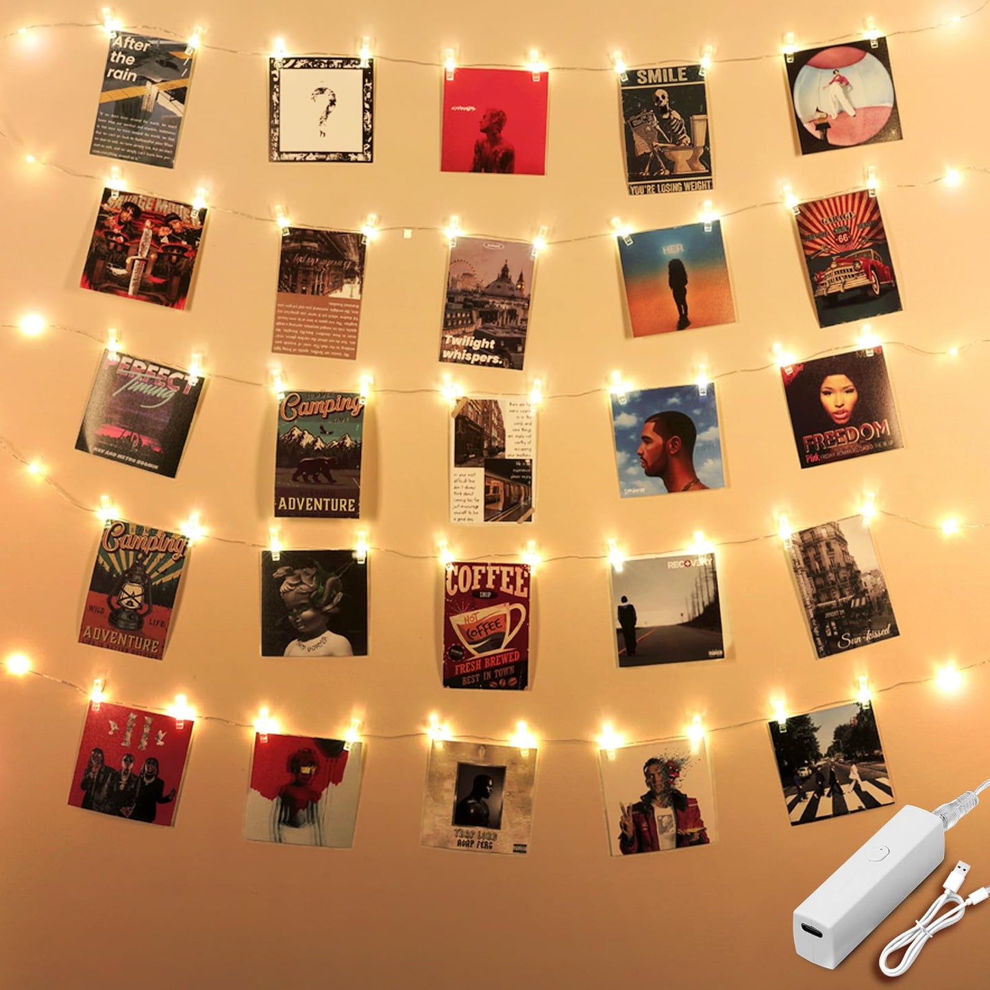 Lakumu Rechargeable Photo Clips String Lights with 8 Modes, 50 Clips 20 Hooks, 17ft 50 LED Fairy Lights with Timer for Wall, Girls Room Decor, Bedroom, Christmas, Party, Wedding