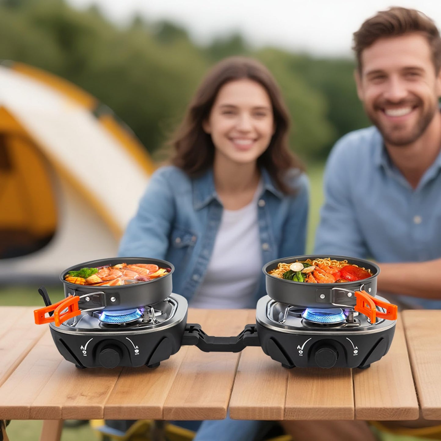 INFOOD Propane Camping Stove 20,000 BTU - Portable 2 Burner Gas Stove with Adjustable Flame Control, Piezo Ignition, Carry Bag & Propane Adapter Hose, Folding Design for Camp, BBQ, Tailgating, Black