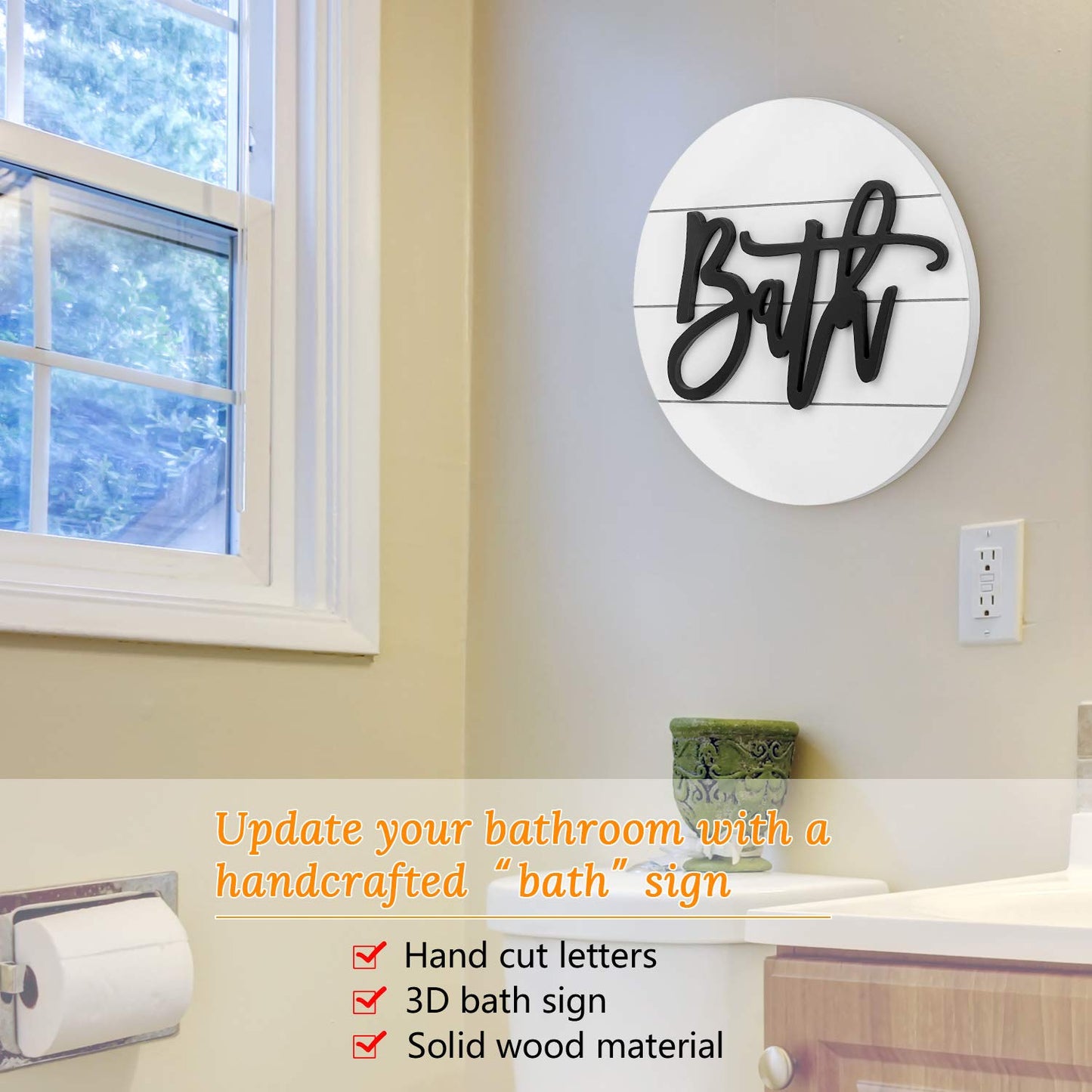 Modern Rustic 3D Bath Sign,Wooden, Handcrafted, Shiplap Farmhouse Bathroom Round Sign for Wall Hanging Décor for Home (White)