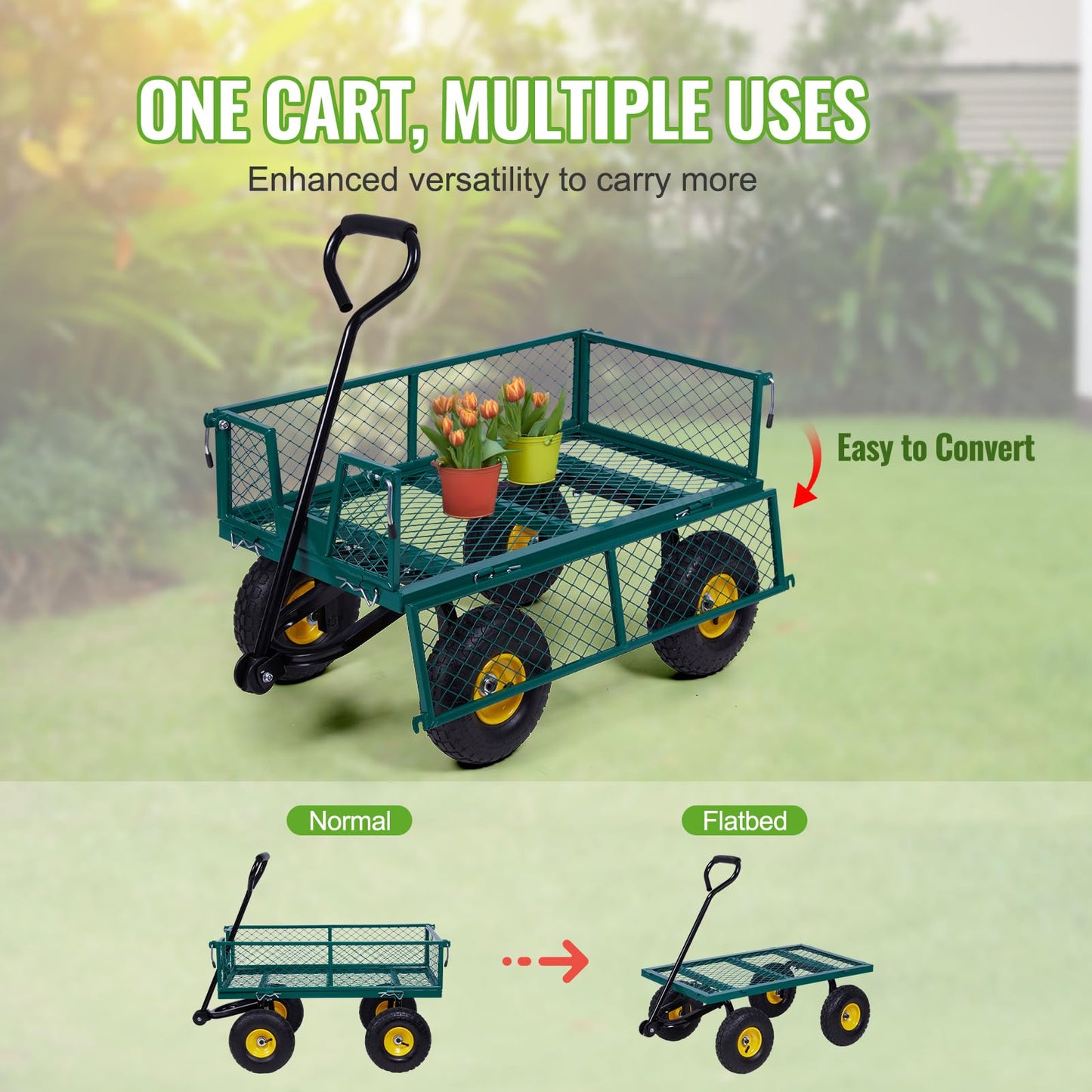Backyard Expressions Heavy Duty Garden Cart 400 lb Utility Wagon Cart with Removable Mesh Sides, Powder-Coated Steel Bed, Pneumatic Tires, Pull Handle Yard Cart