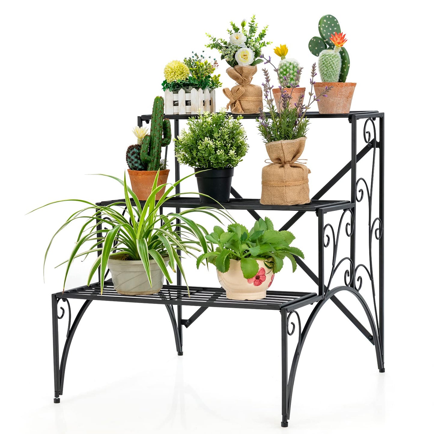Giantex 3 Tier Metal Plant Stand, Black Corner Plant Stand Indoor w/ Widened Grid Shelf & Non-Slip Foot Pads, Display Rack Holder for Outdoor Porch Garden Patio Balcony